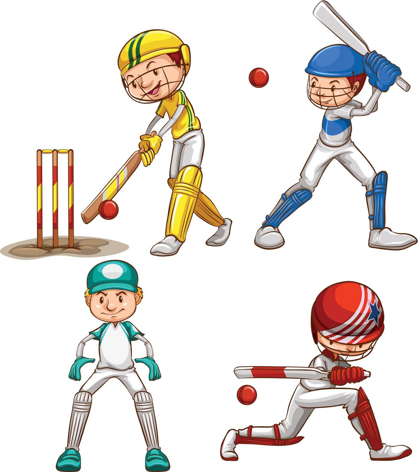 Illustration of the simple sketches of men playing cricket on a white background