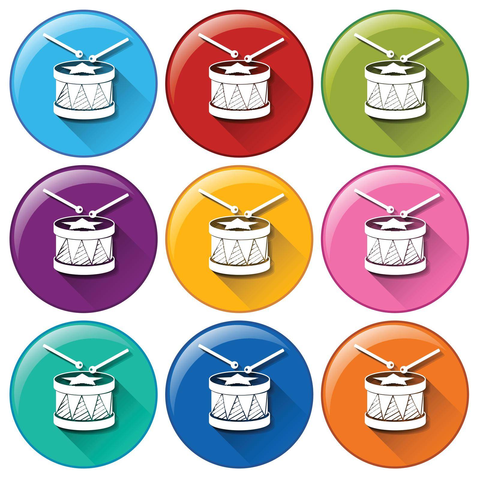 Illustration of the round icons with drum toys on a white background