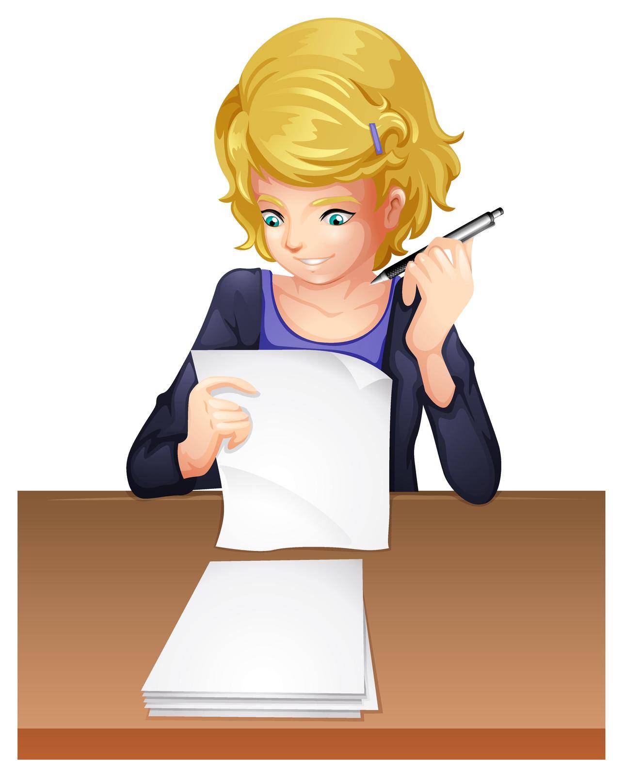 Illustration of a woman taking an exam on a white background