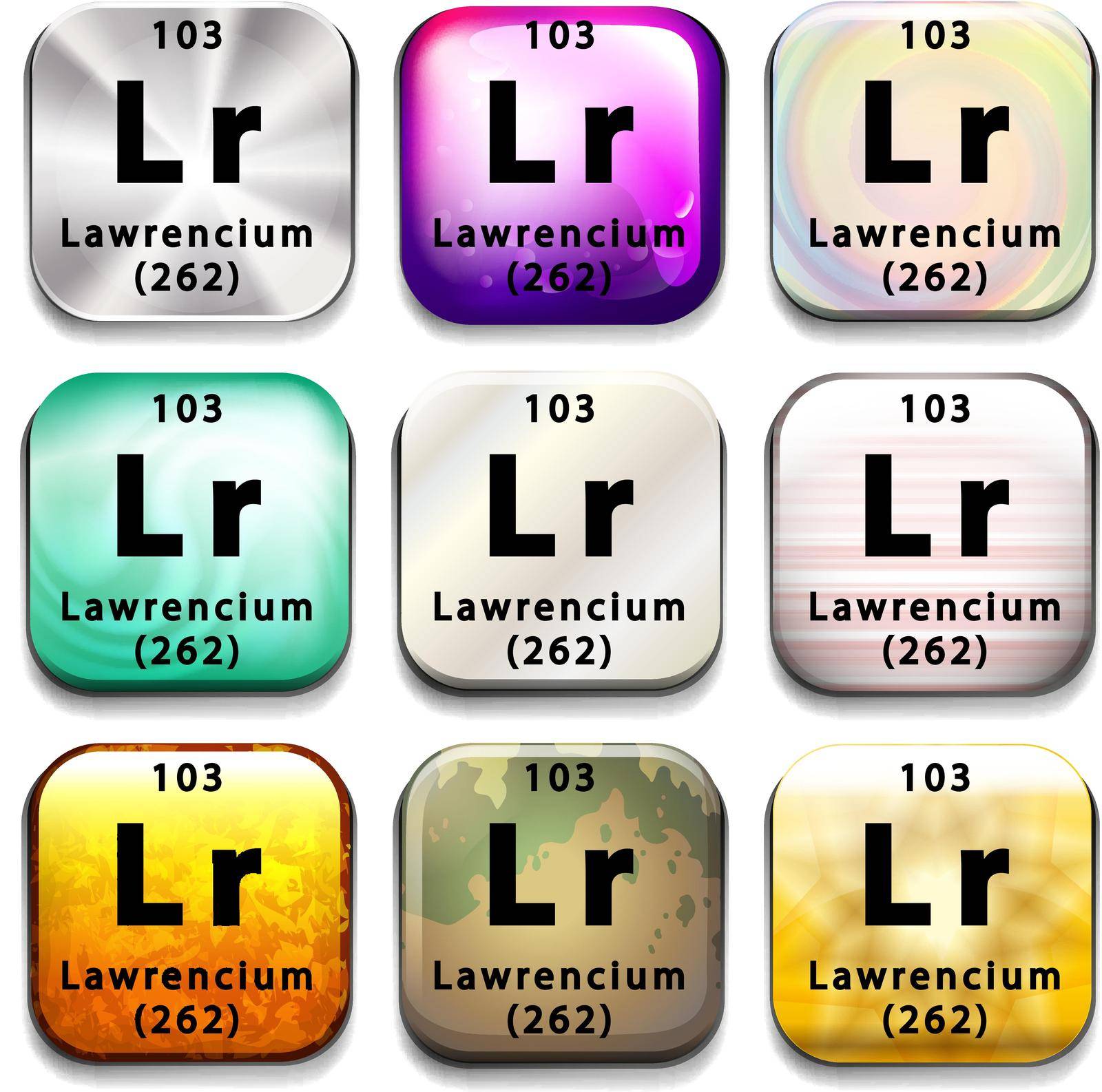 Buttons showing Lawrencium and its abbreviation on a white background