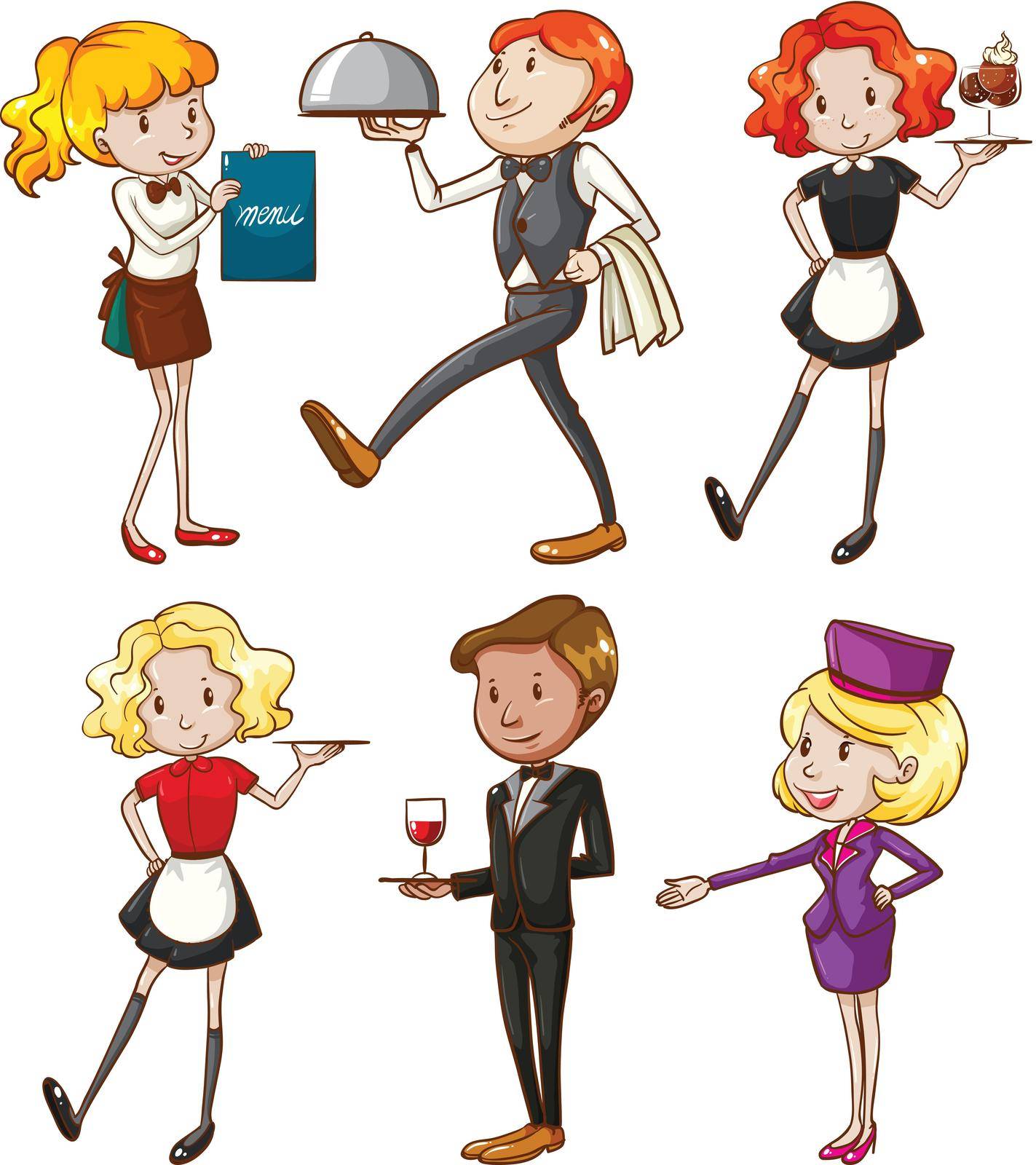 Illustration of the waiters and waitresses on a white background