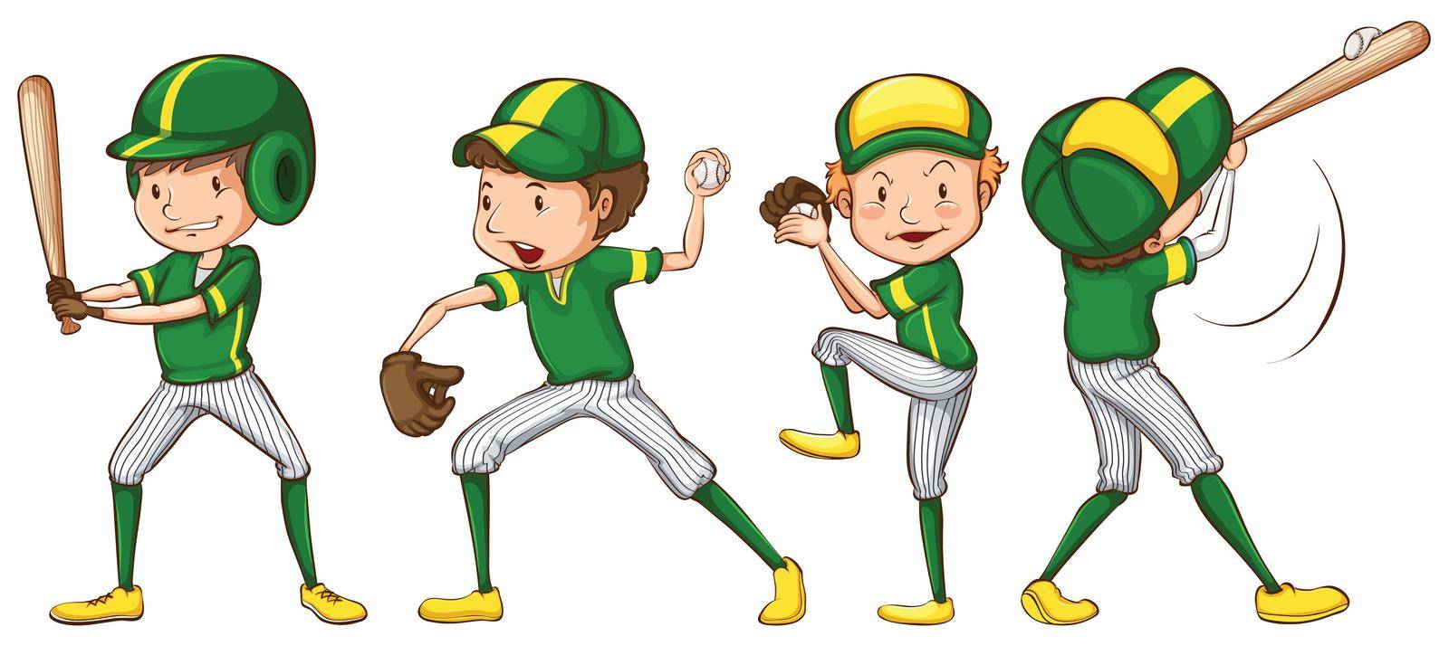 Illustration of a coloured sketch of the baseball players in green uniform on a white background