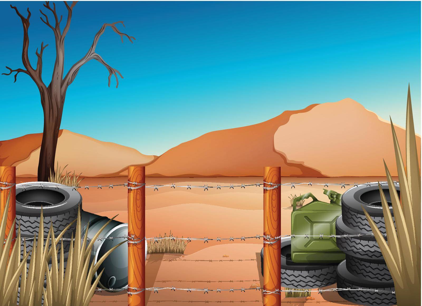 Illustration of a desert with tires and a barbwire fence