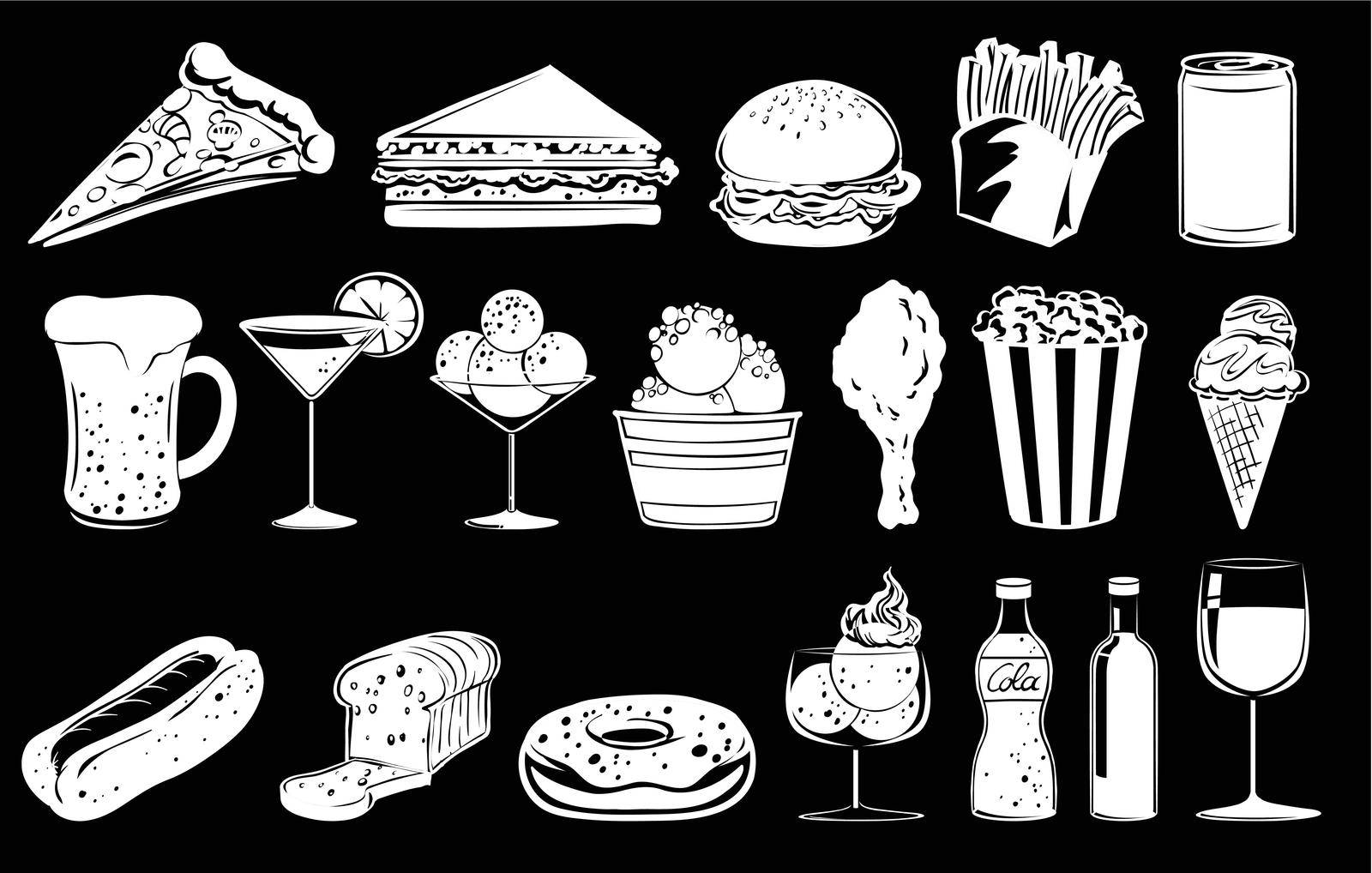 Doodle design of foods on a black background