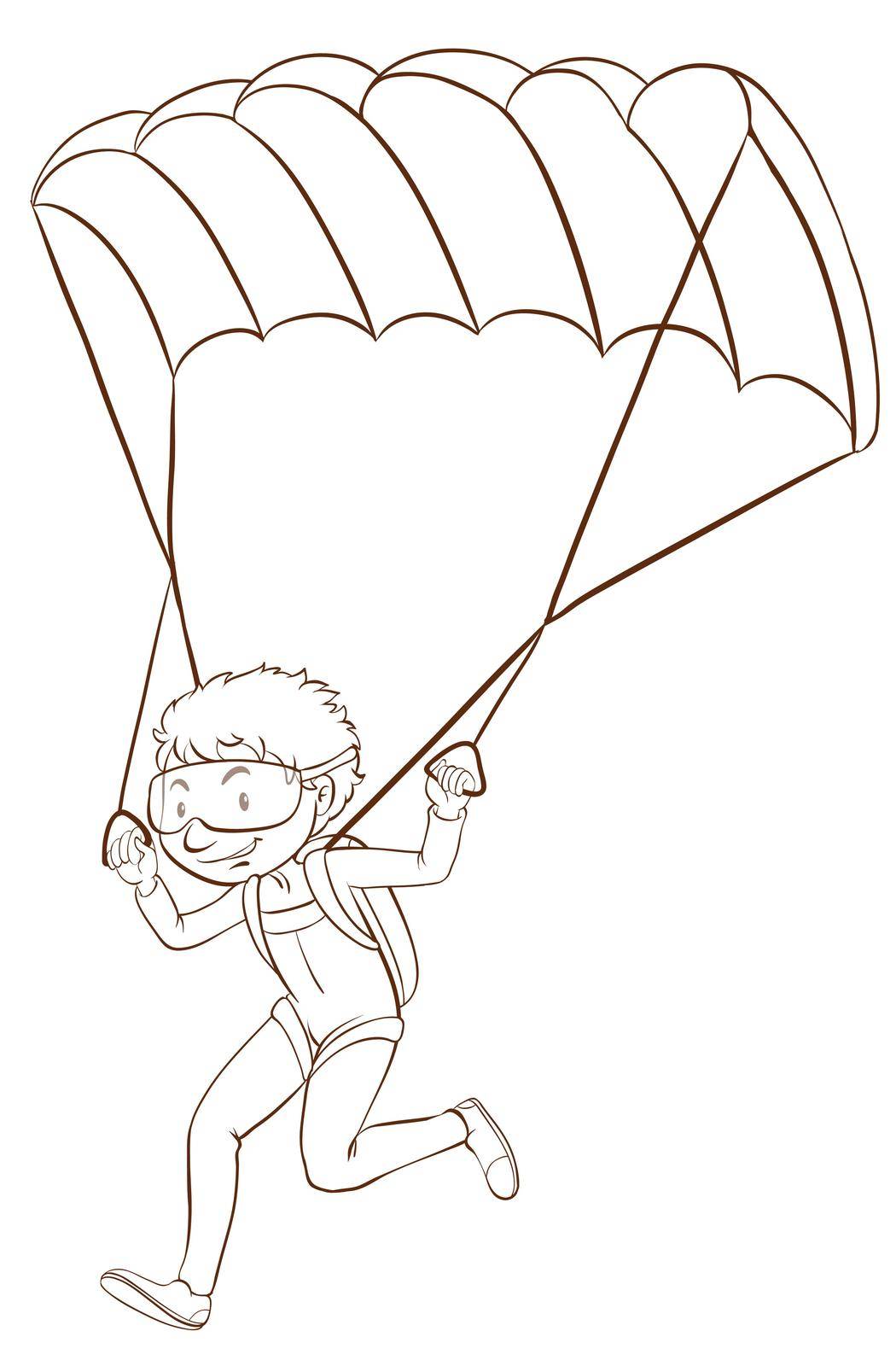 A plain drawing of a boy skydiving on a white background