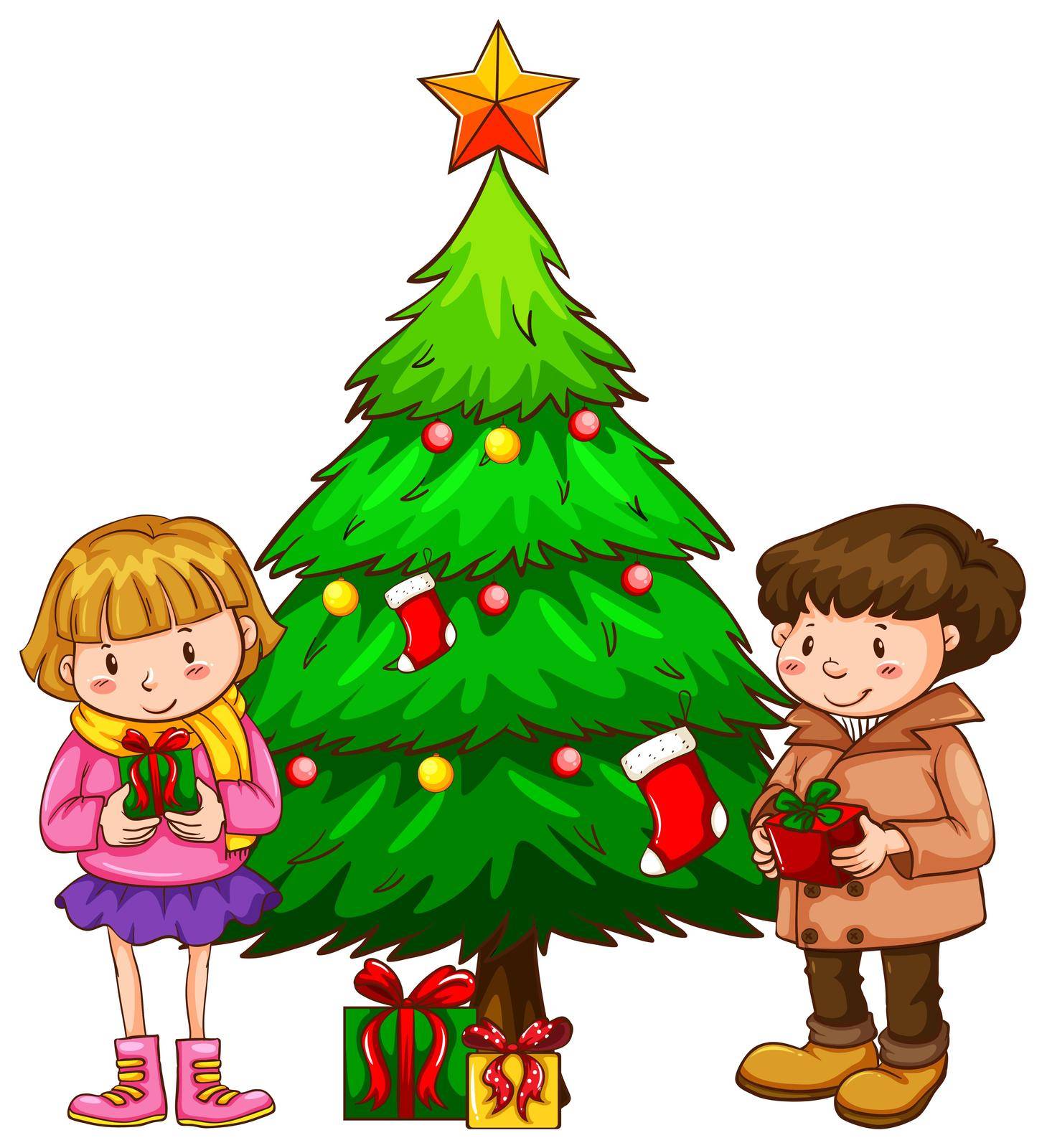 A simple sketch of the kids near the christmas tree by iimages