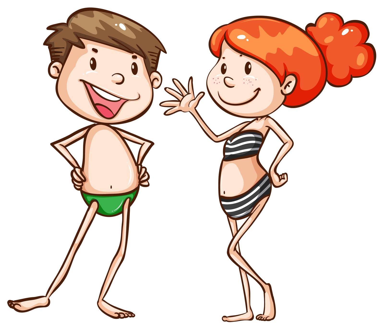 A drawing of a boy and a girl going to the beach on a white background