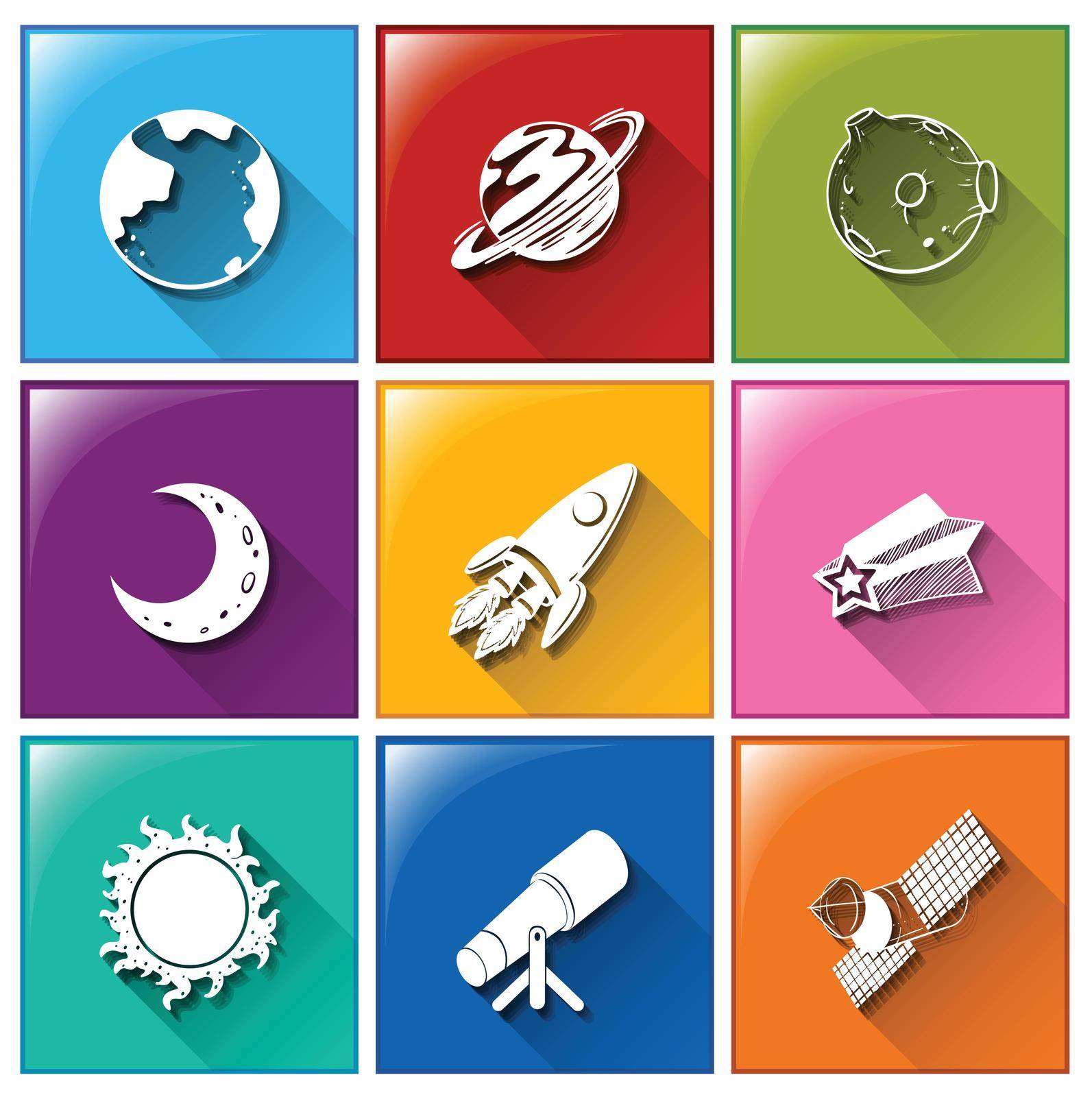 Illustration of the icons with the things found in the outerspace on a white background