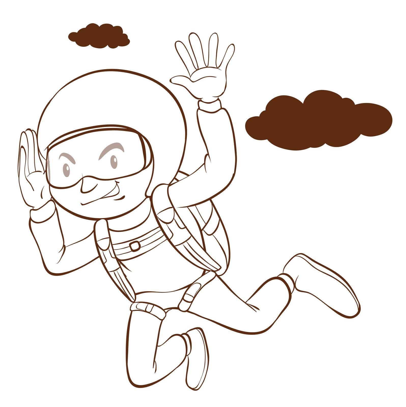 A plain drawing of a man skydiving on a white background