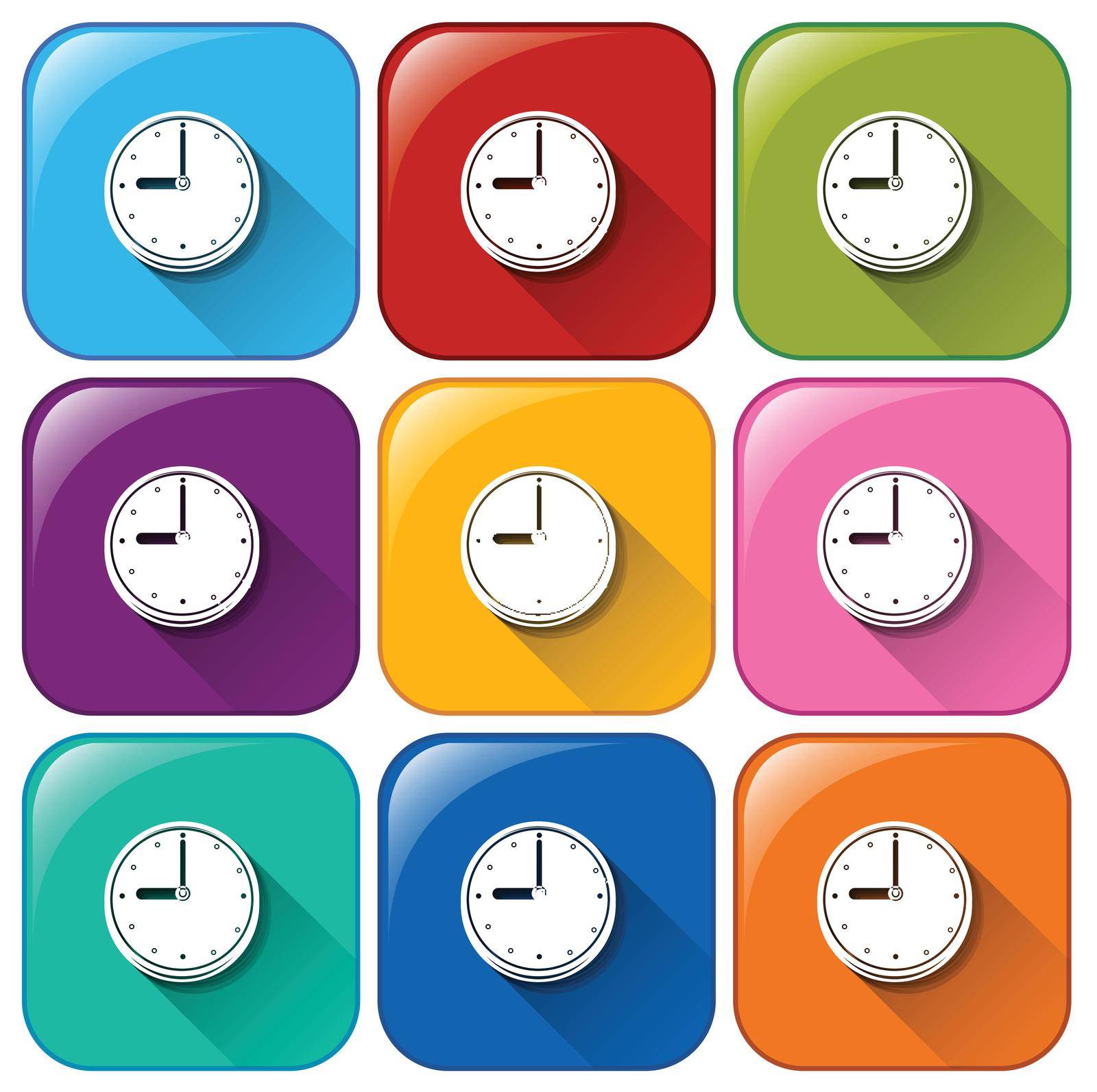 Rounded buttons with wallclocks on a white background