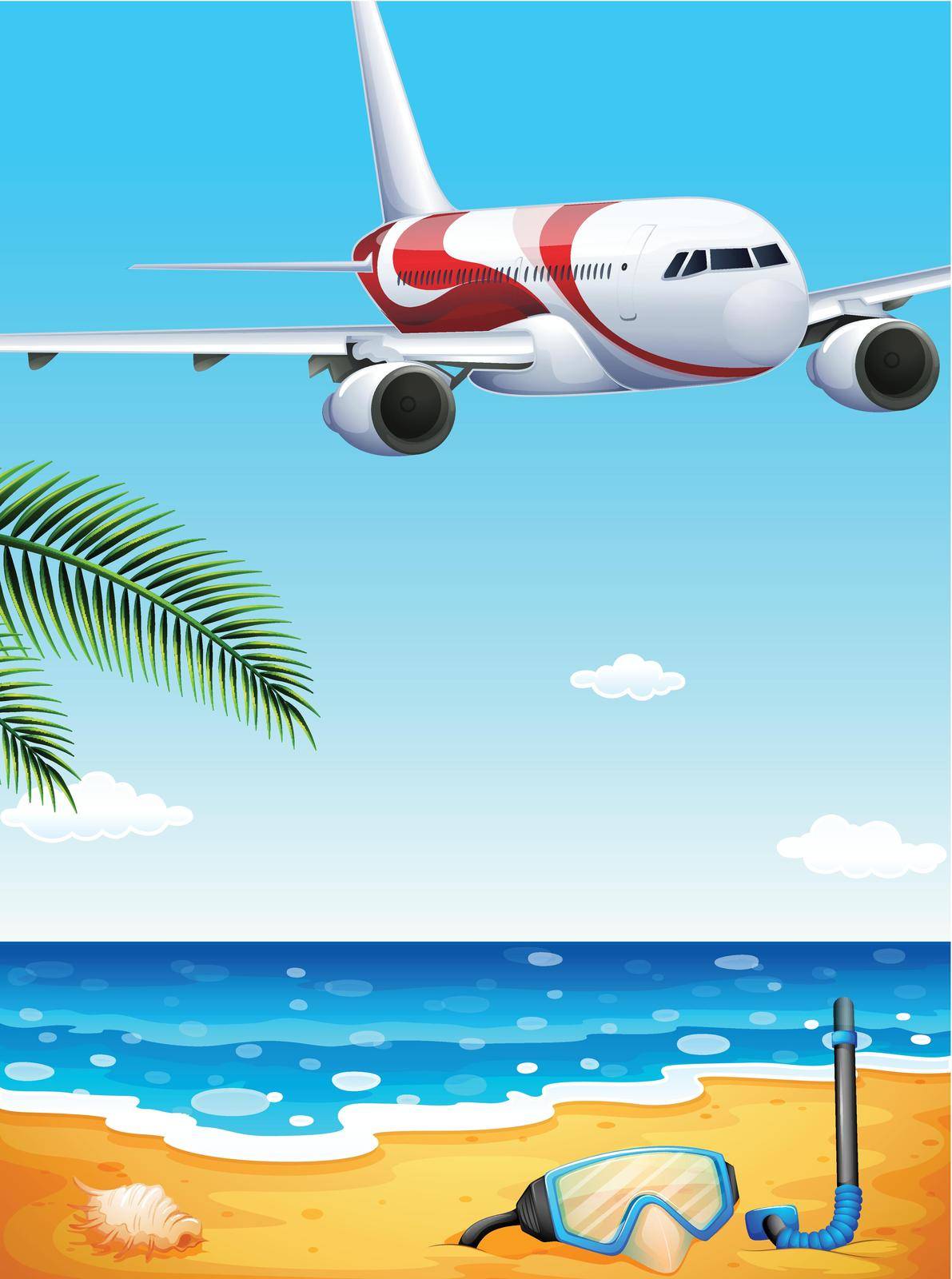 Illustration of a beach with an airplane uphigh