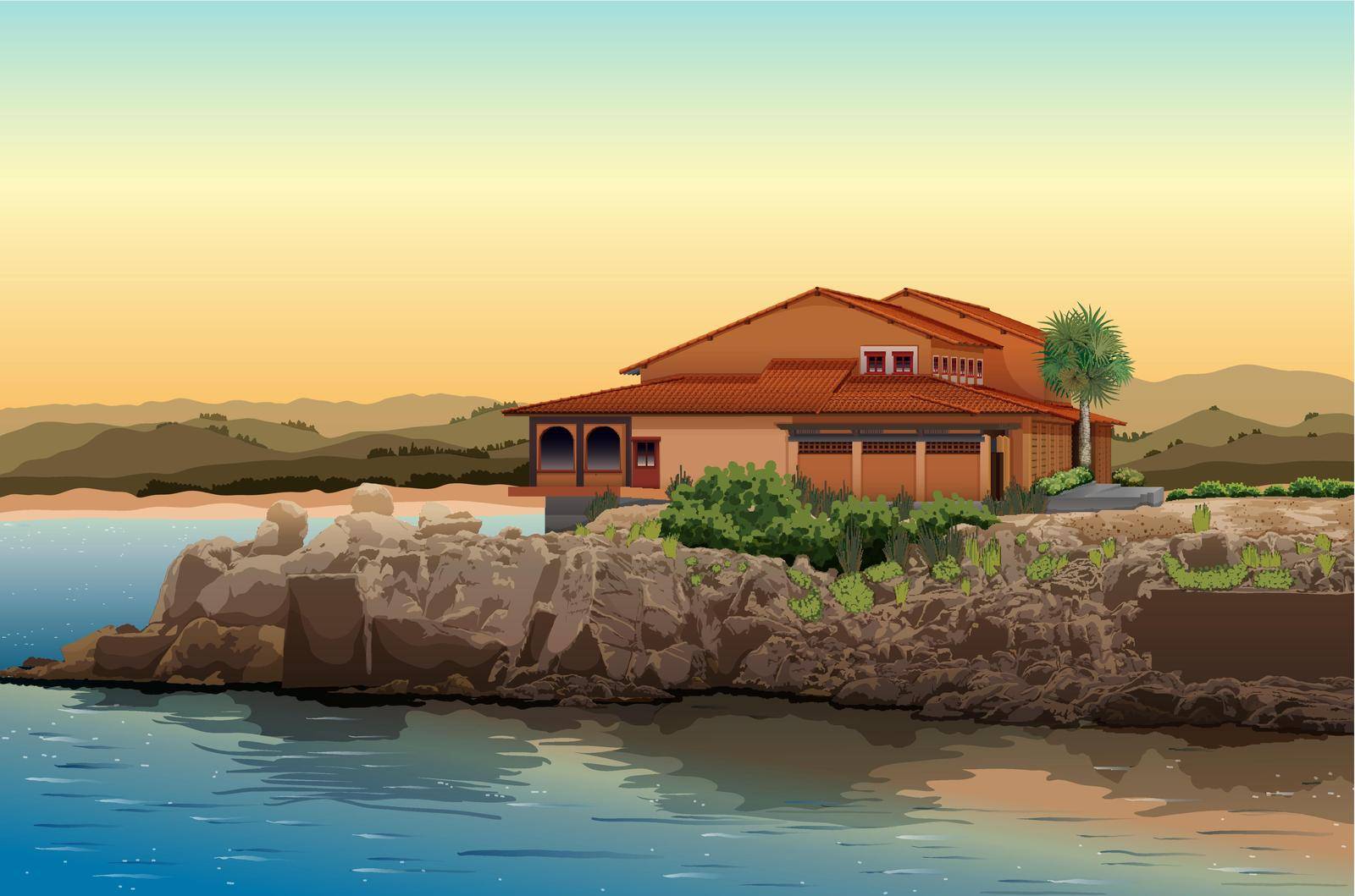Illustration of a house by the lake