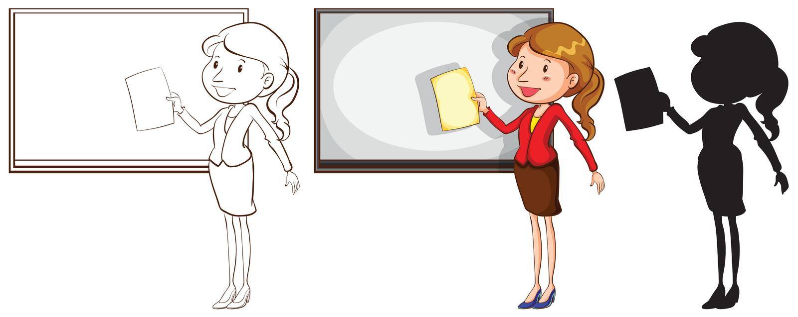 Illustration of the sketches of a teacher in different colours on a white background