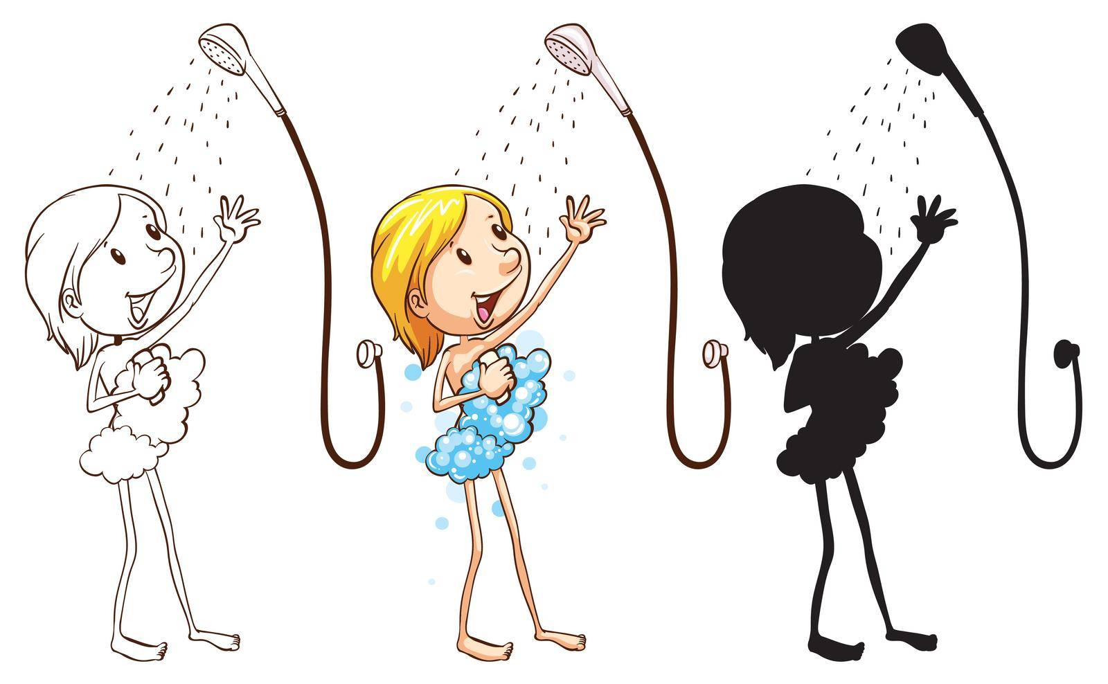 Illustration of the sketch of a girl taking shower on a white background