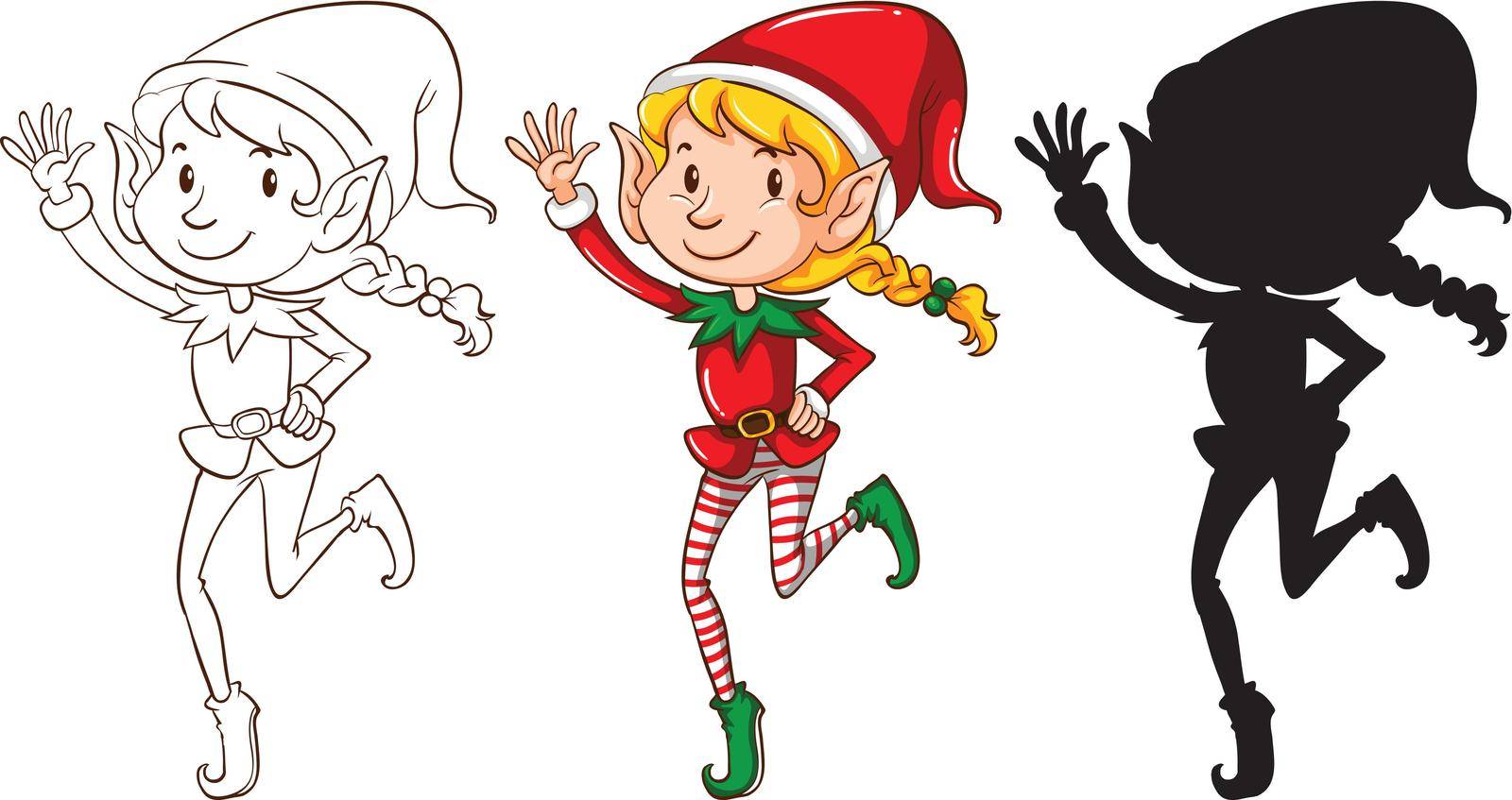 Illustration of the sketches of an elf in three colors on a white background