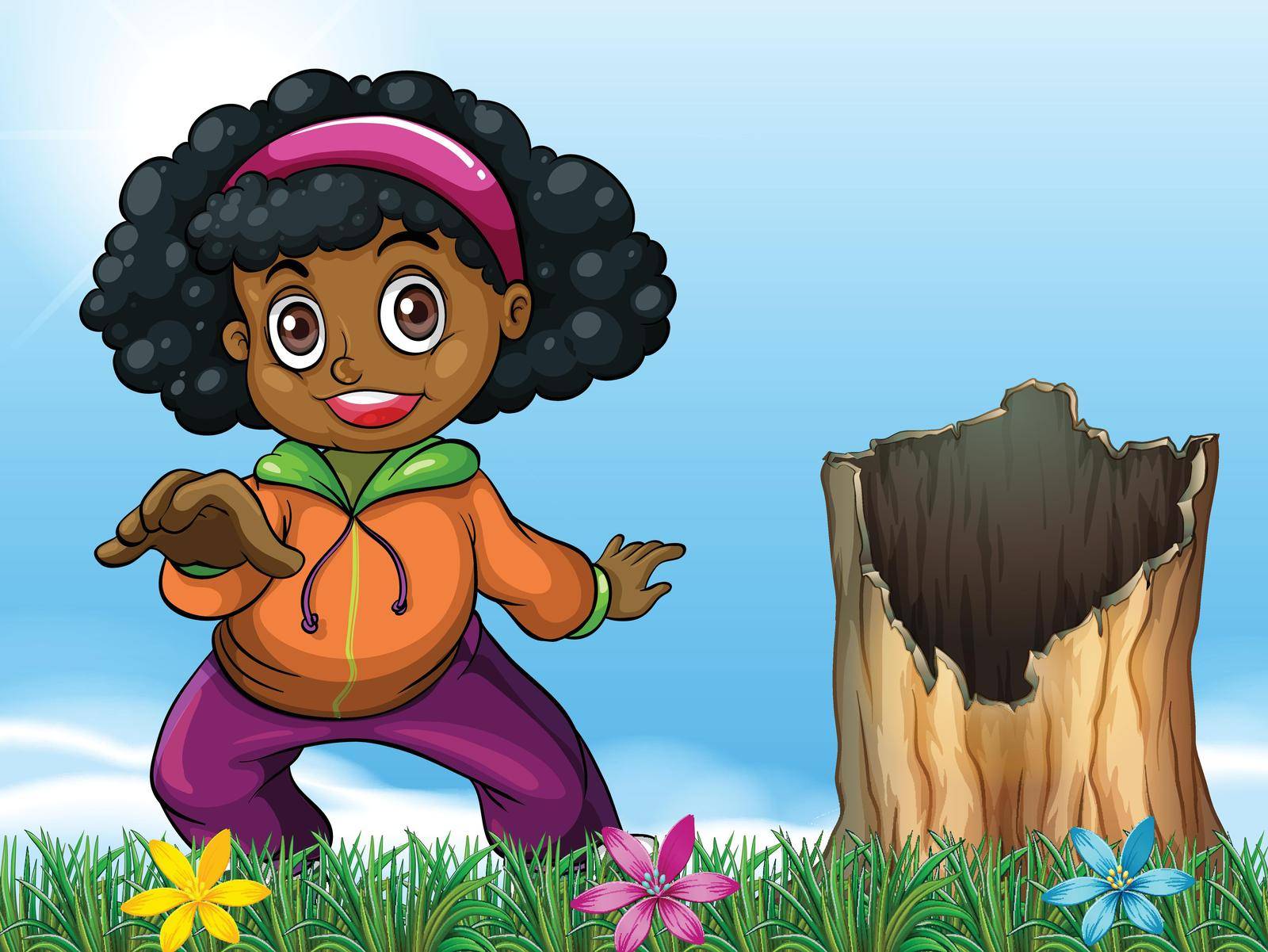 Illustration of a girl beside the stump