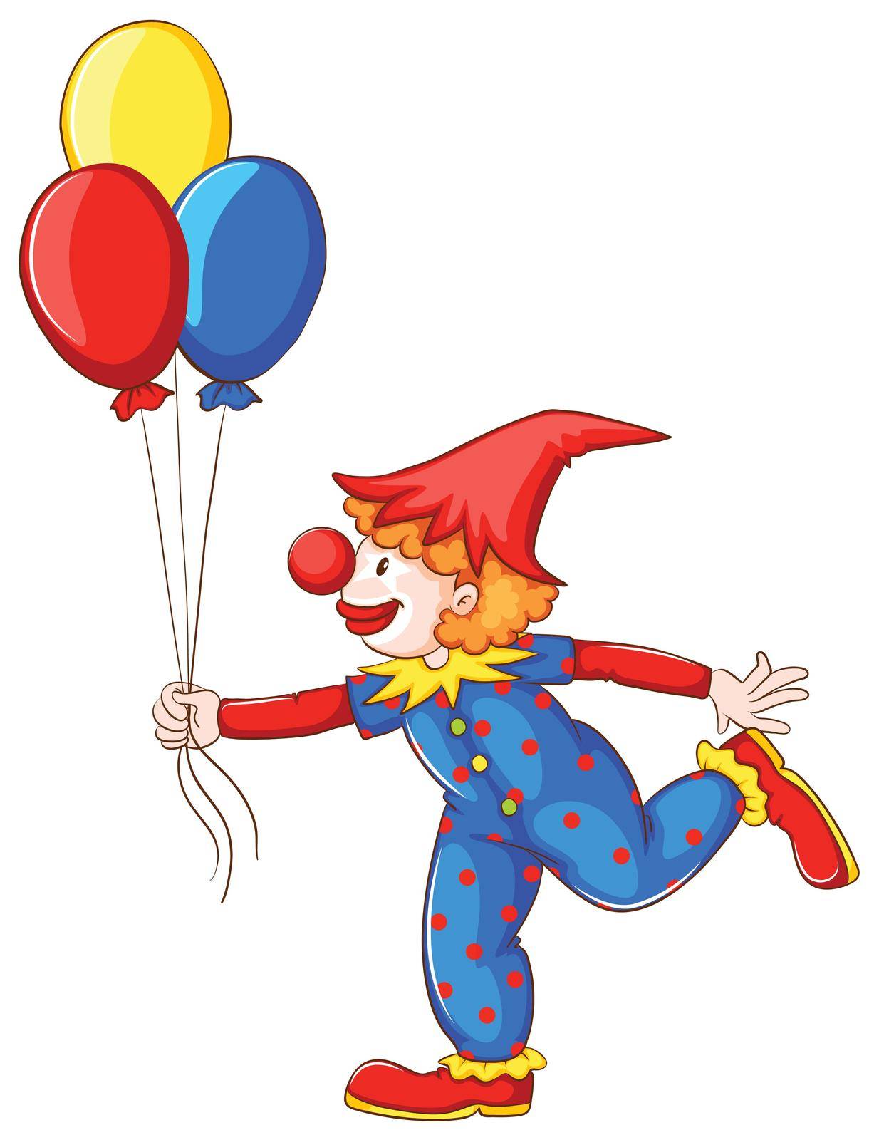 A coloured drawing of a clown with balloons on a white background