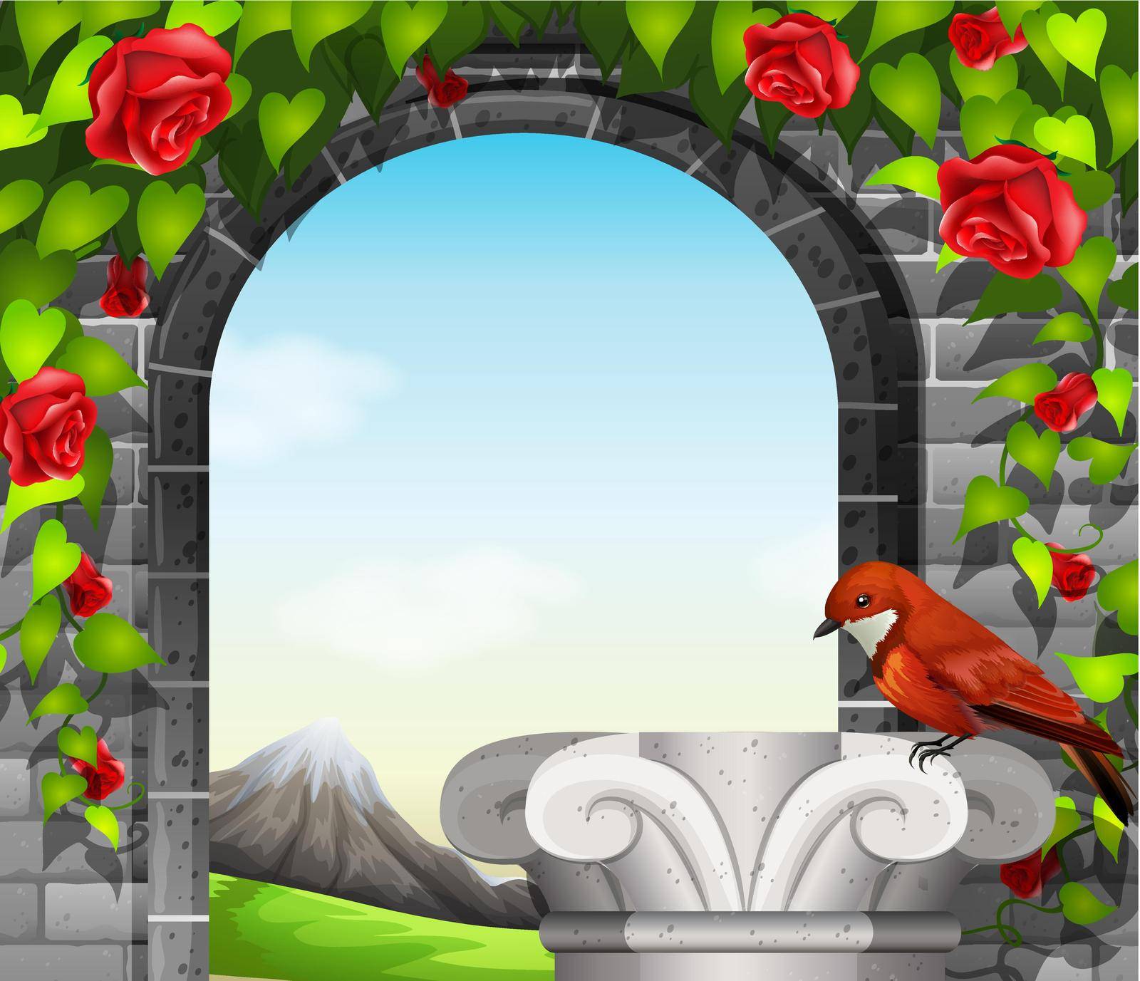 A stonewall with roses and a bird
