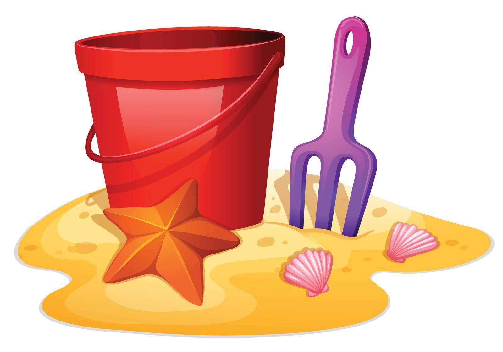 Illustration of the things needed to form a sand castle on a white background