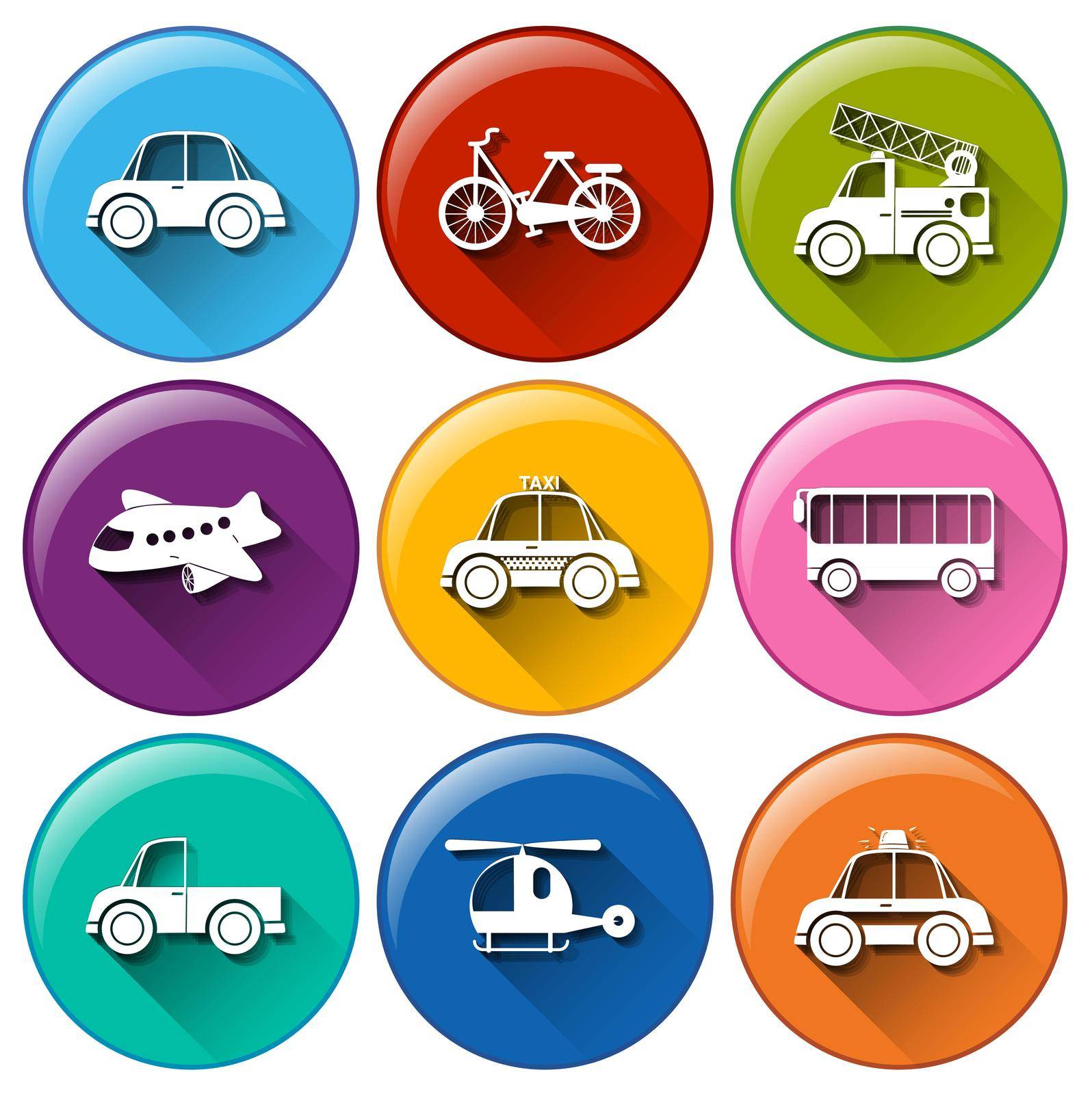 Illustration of the round buttons with the different transportations on a white background