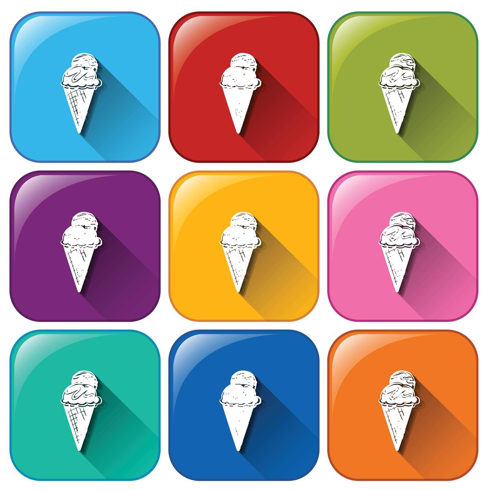 Buttons with cones of refreshing ice cream on a white background