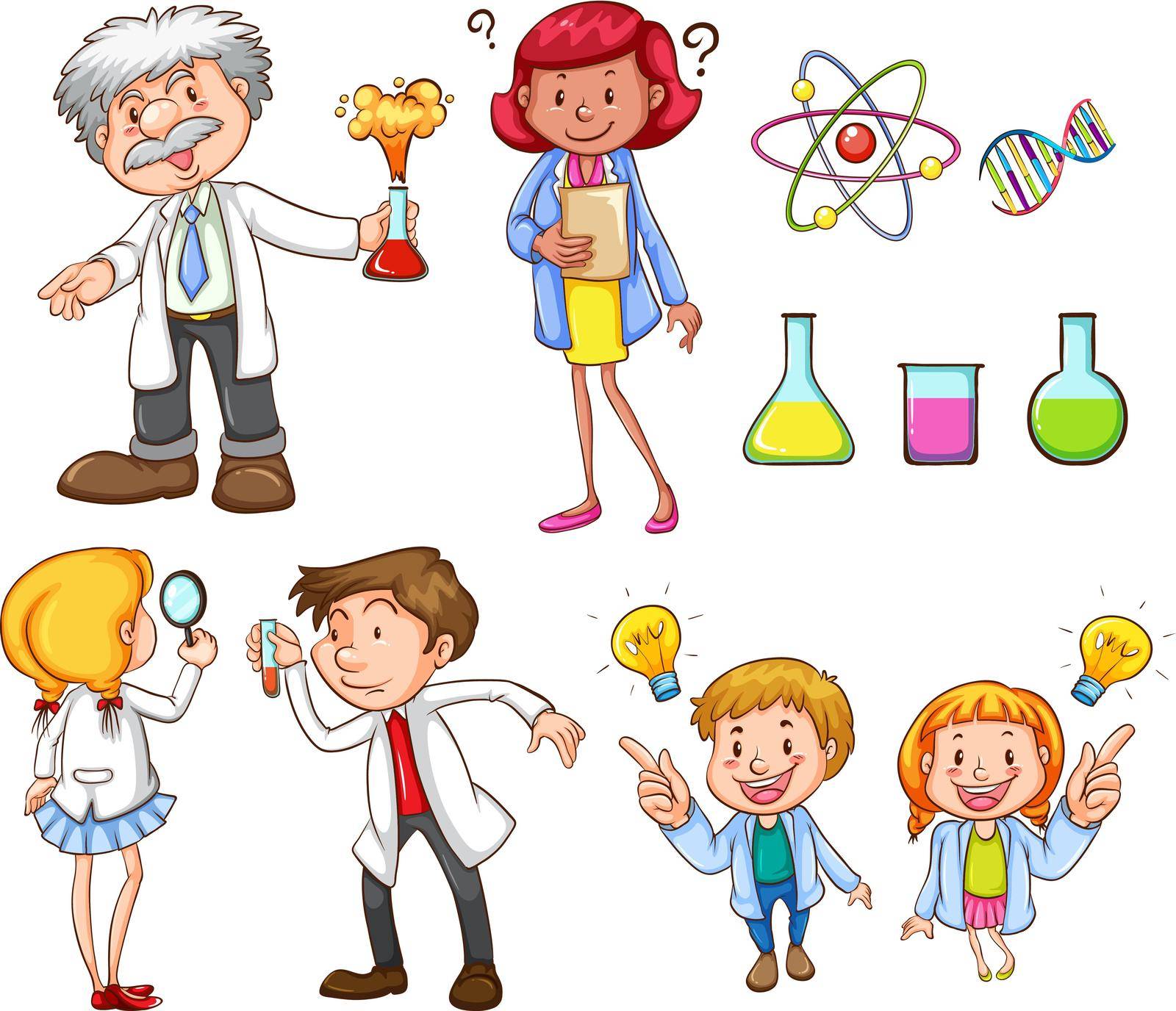 A drawing of the people doing different science activities on a white background