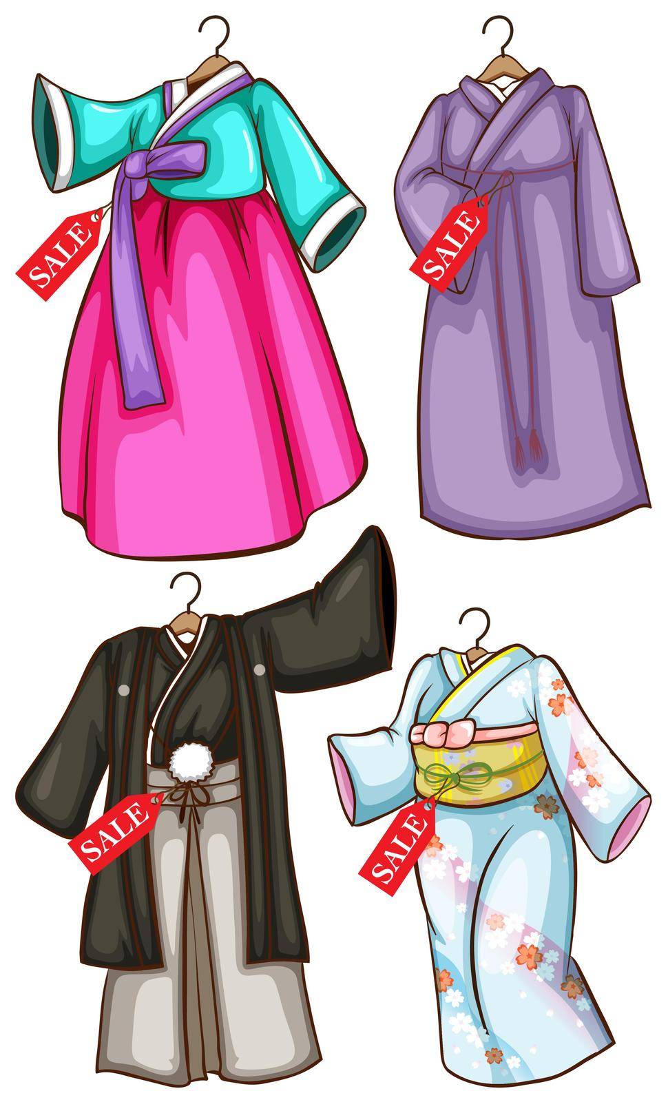 Asian costumes for sale on a white background