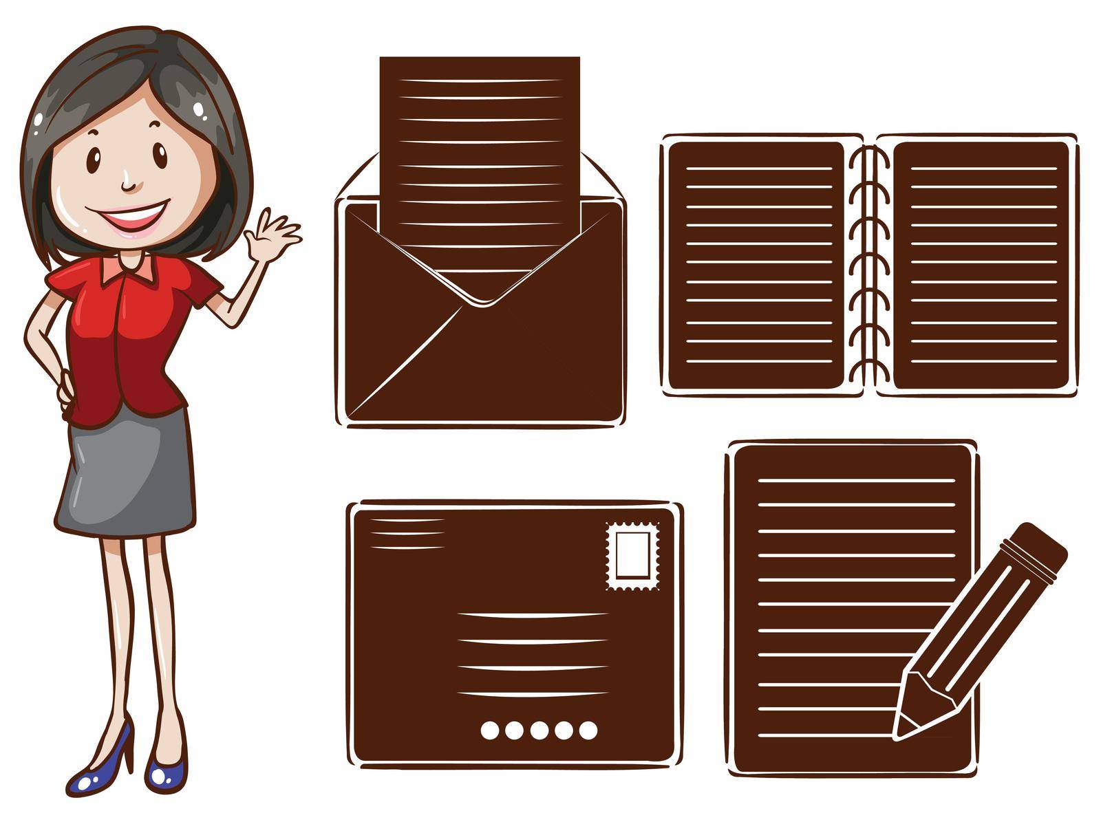 A drawing of an office girl with the different communication tools on a white background