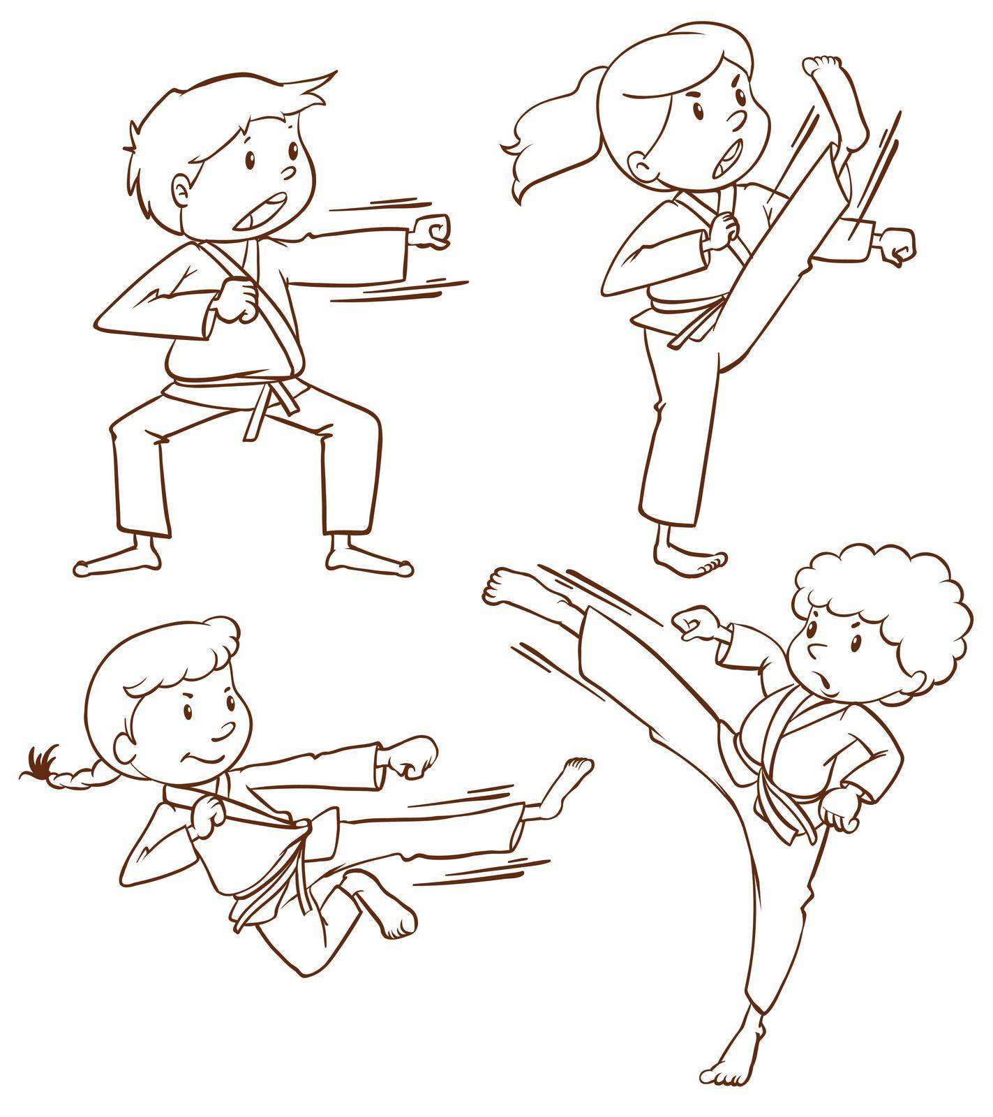 Illustration of the sketches of people doing martial arts on a white background