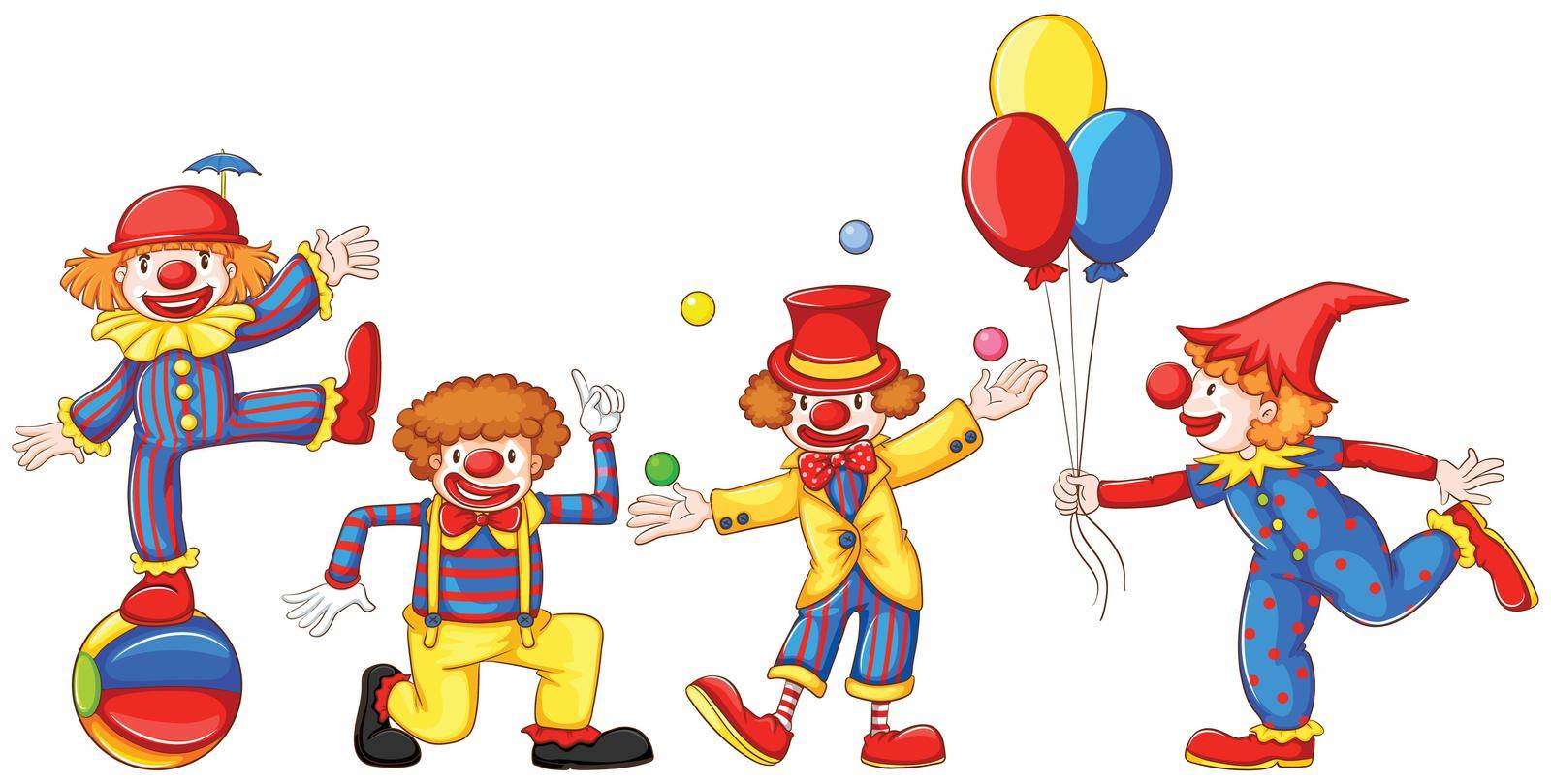 A drawing of the four colourful clowns on a white background