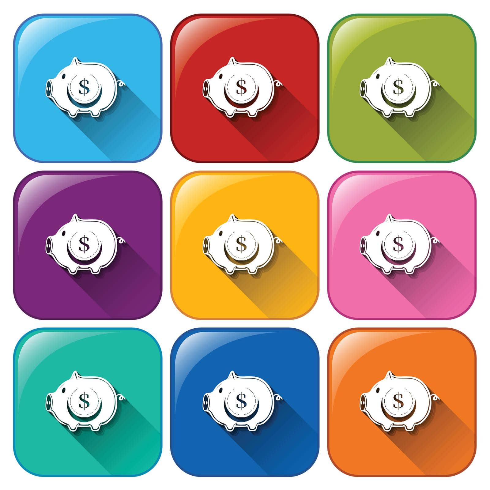 Set of icons of piggy in different color background