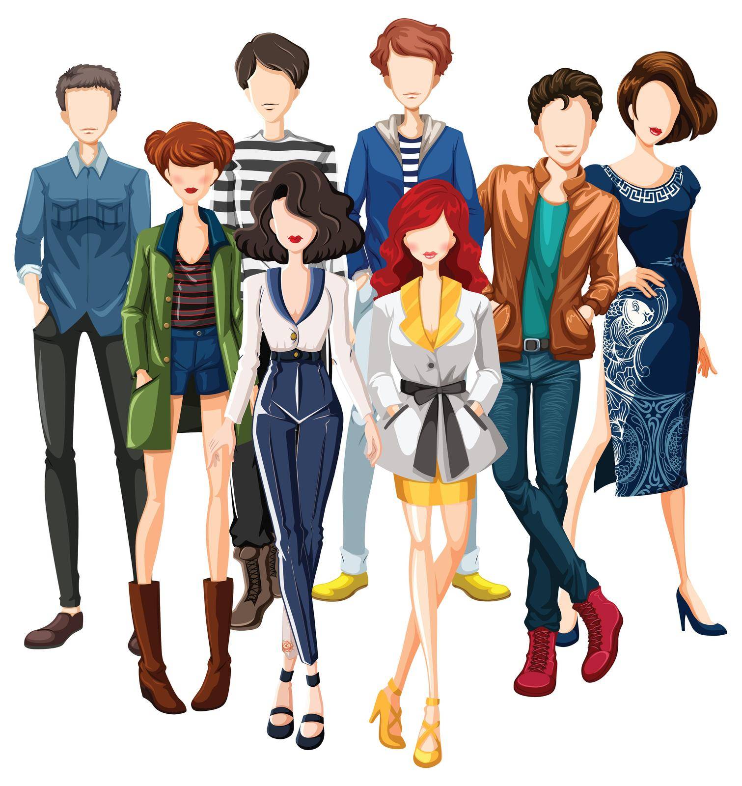 Group of male and female models wearing fashionable clothes