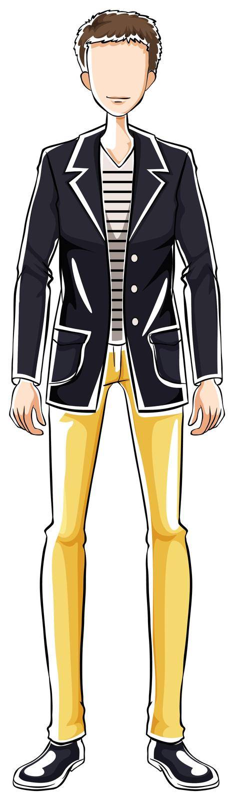 Sketch of male in black jacket and yellow pants