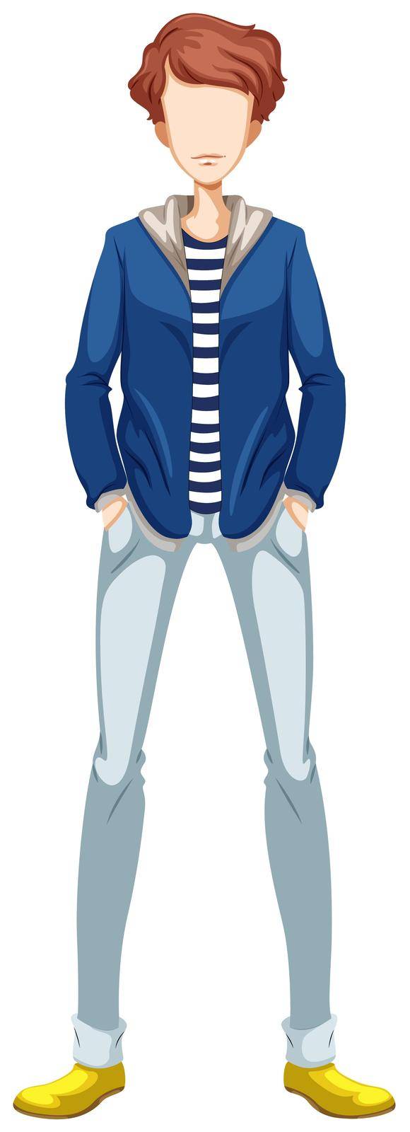 Sketch of a man wearing stripes t-shirt with blue jacket and a pair of blue jeans