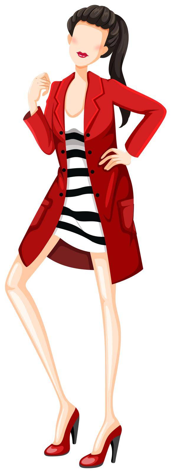 Sketch of a woman in black and white dress and red overcoat