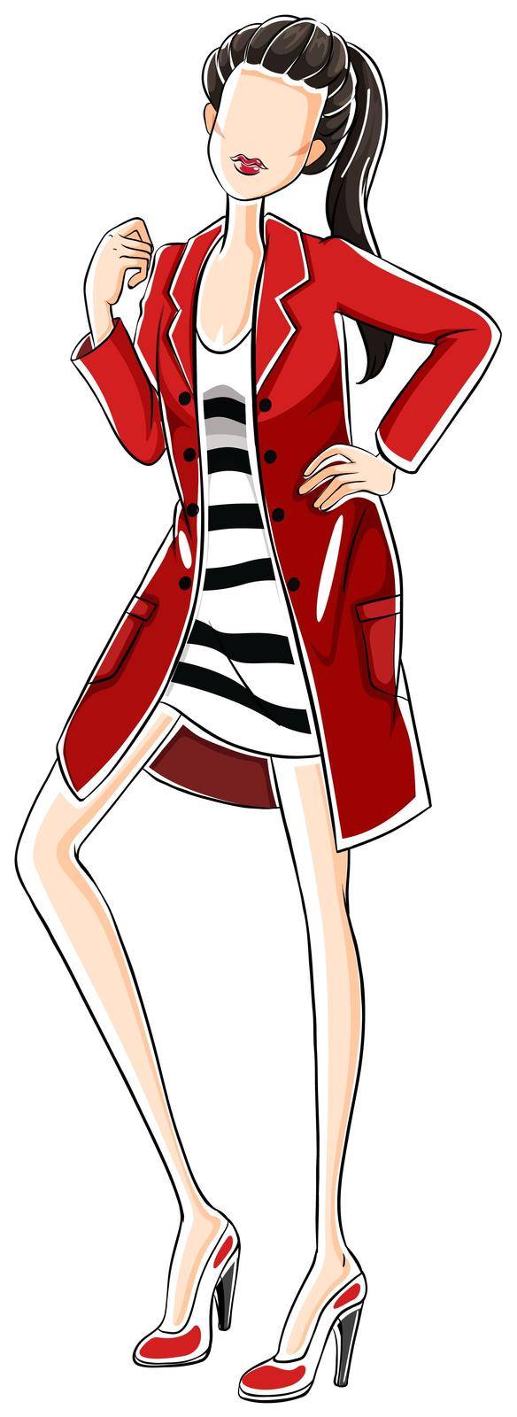 Sketch of a woman in black and white dress with red overcoat