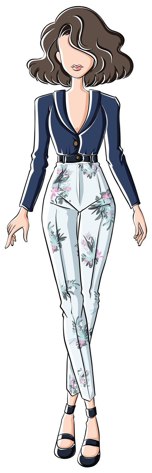 Sketch of a woman in blue top and high waist white pants with flower design