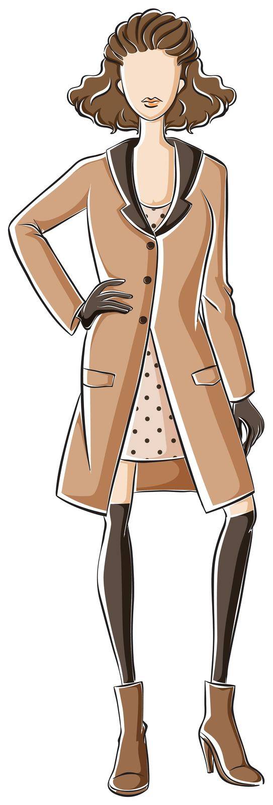 Sketch of a woman in brown color dress and overcoat