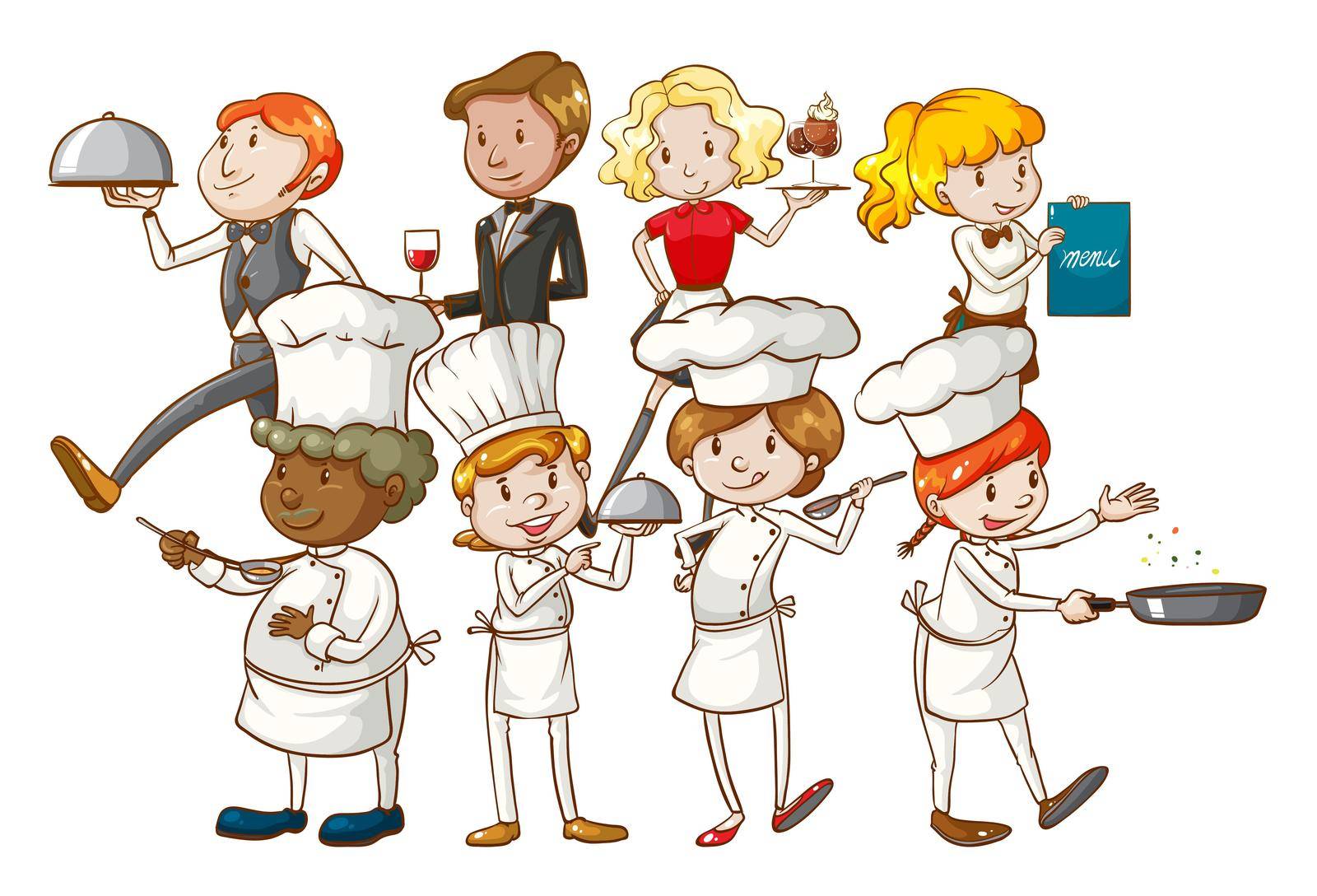 Group of restuarant workers on a white background