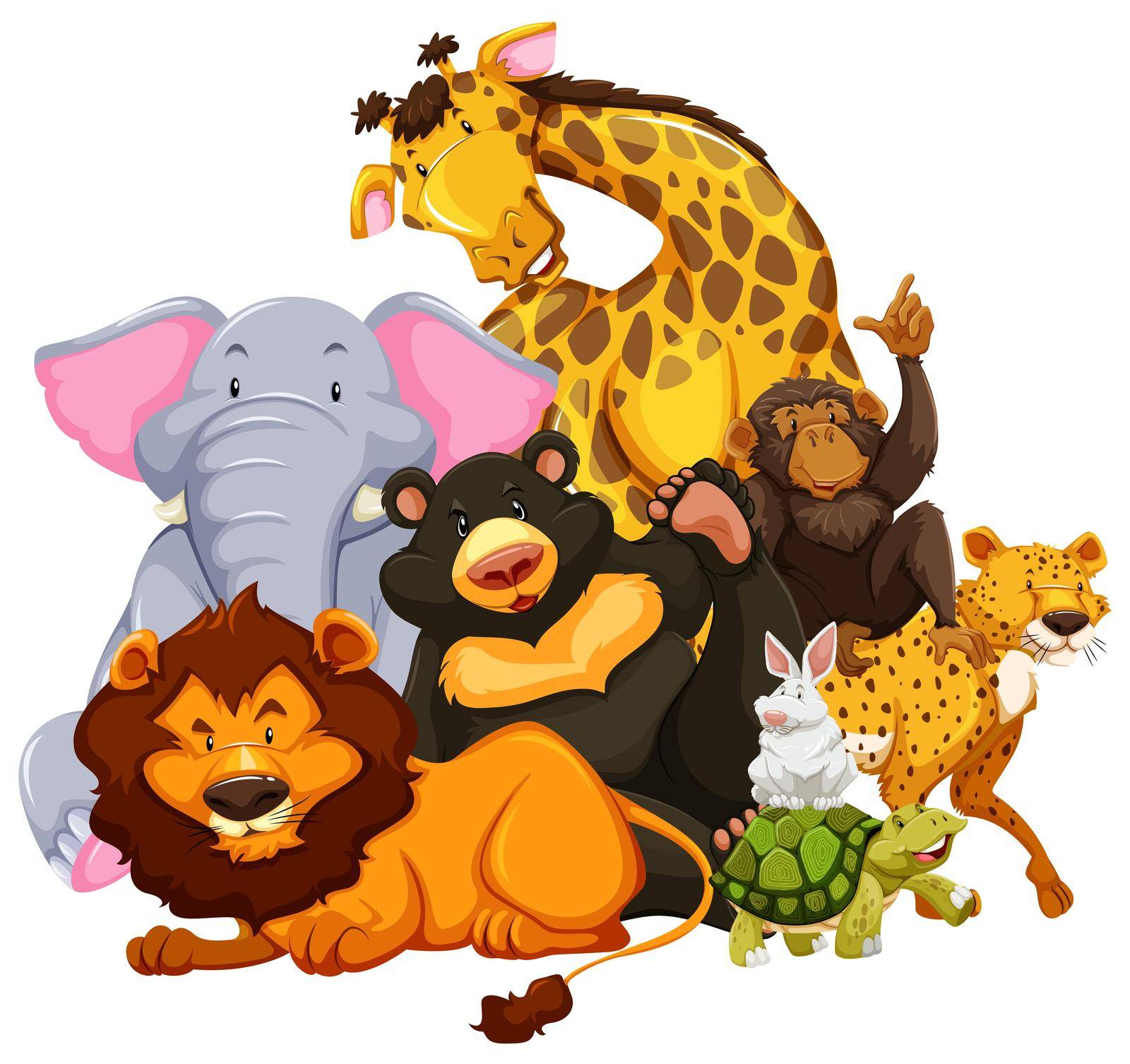 Group of wild animals sitting together on white background