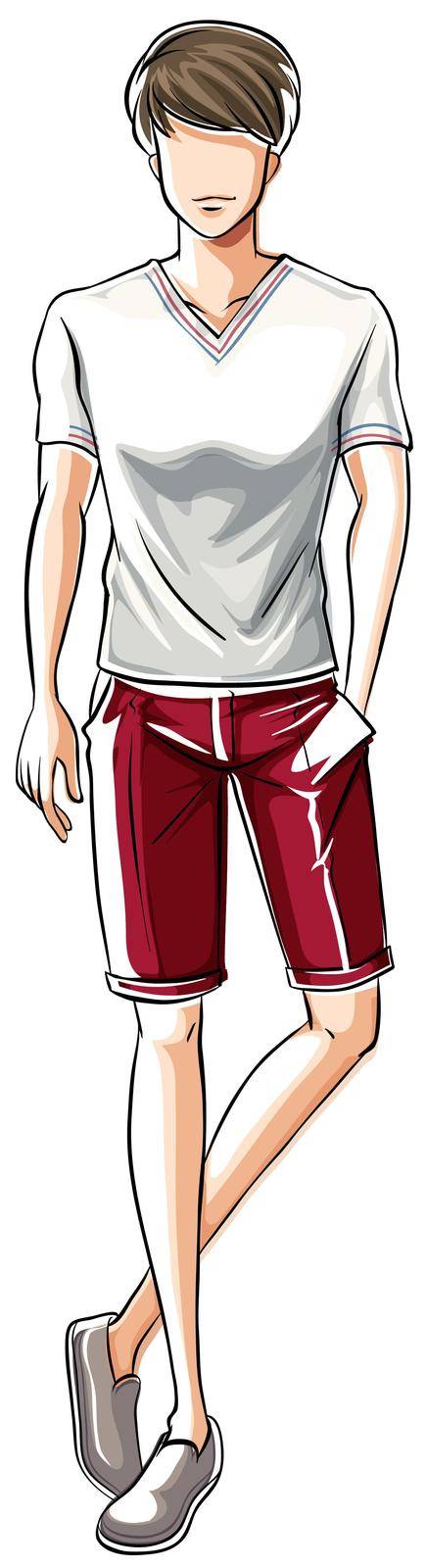 Sketch of a male in white t-shirt and red shorts