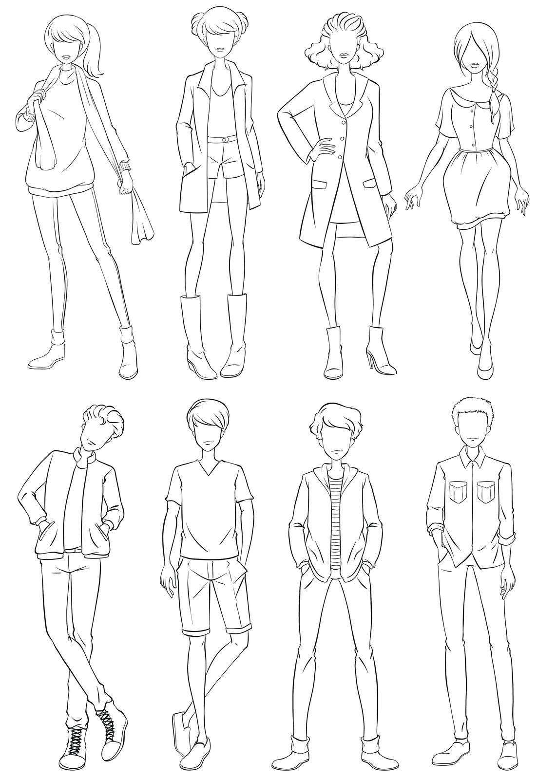 Sketch of men and woman in fashion clothing