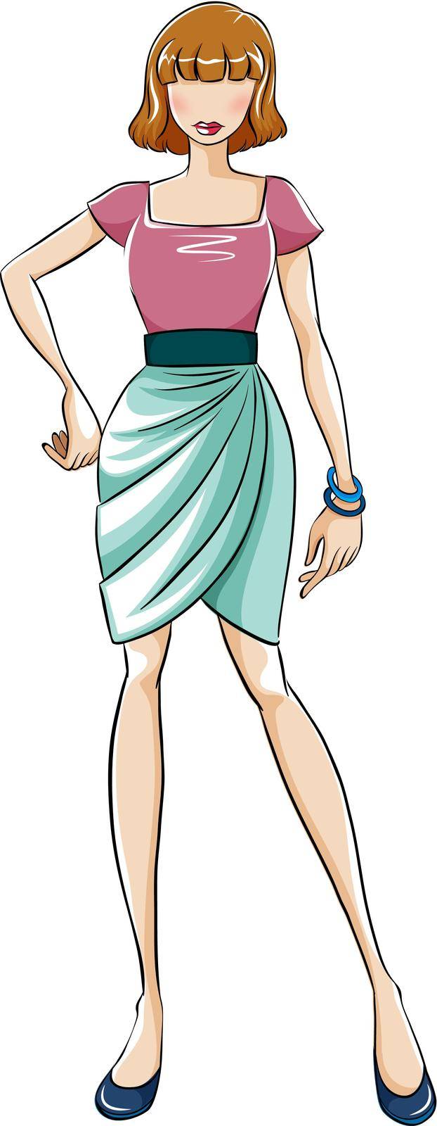 Sketch of a woman in pink top and blue skirt