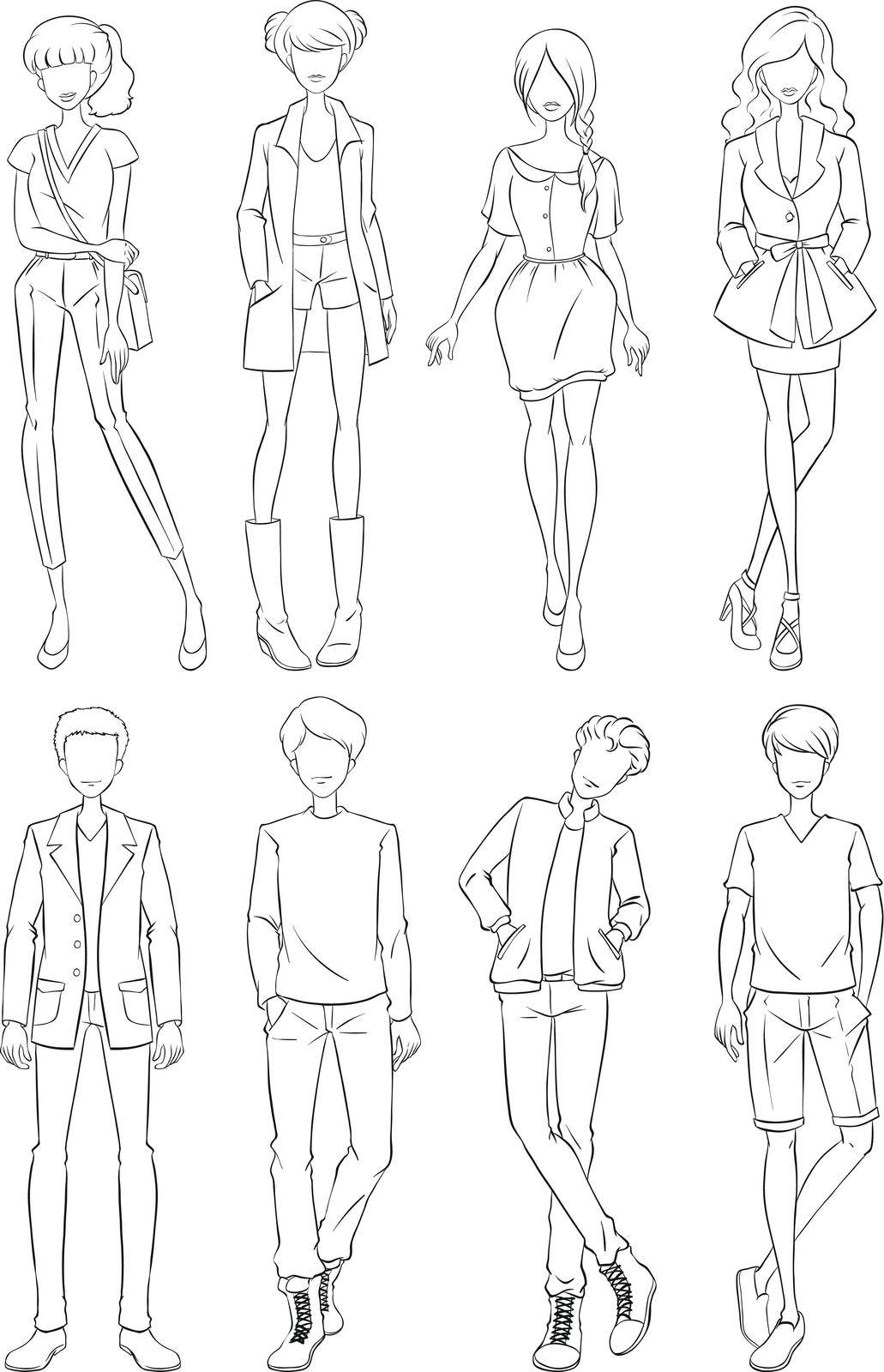 Eight different styles of clothing in simple line drawing