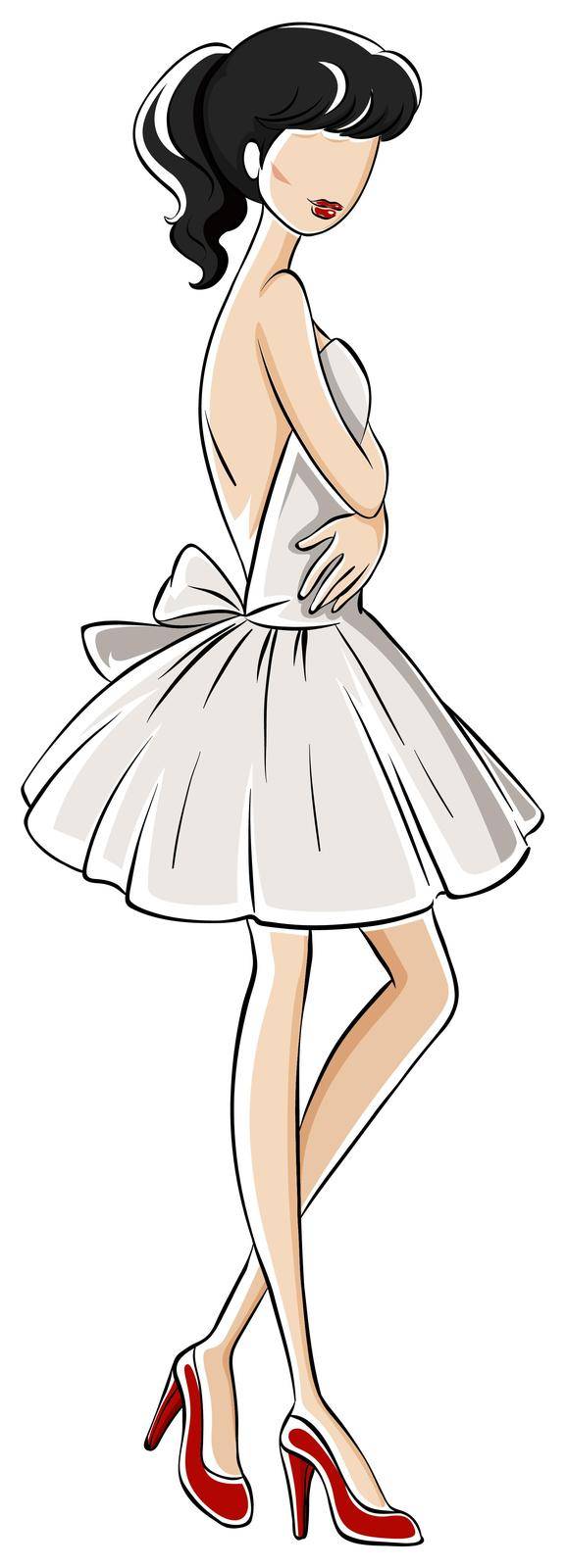 Sketch of a woman in white backless dress and red high heels