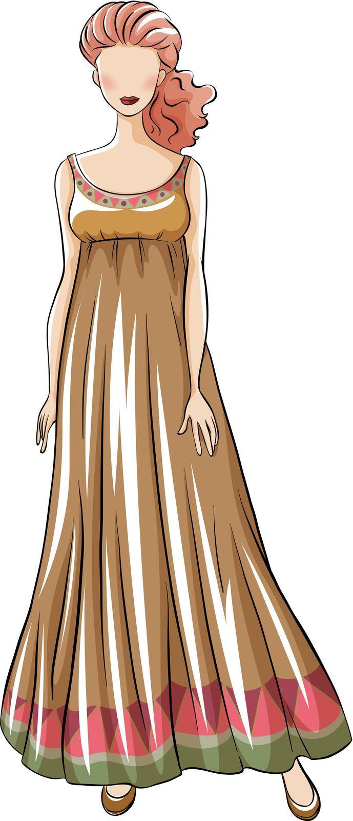 Sketch of a brown long gown with flares