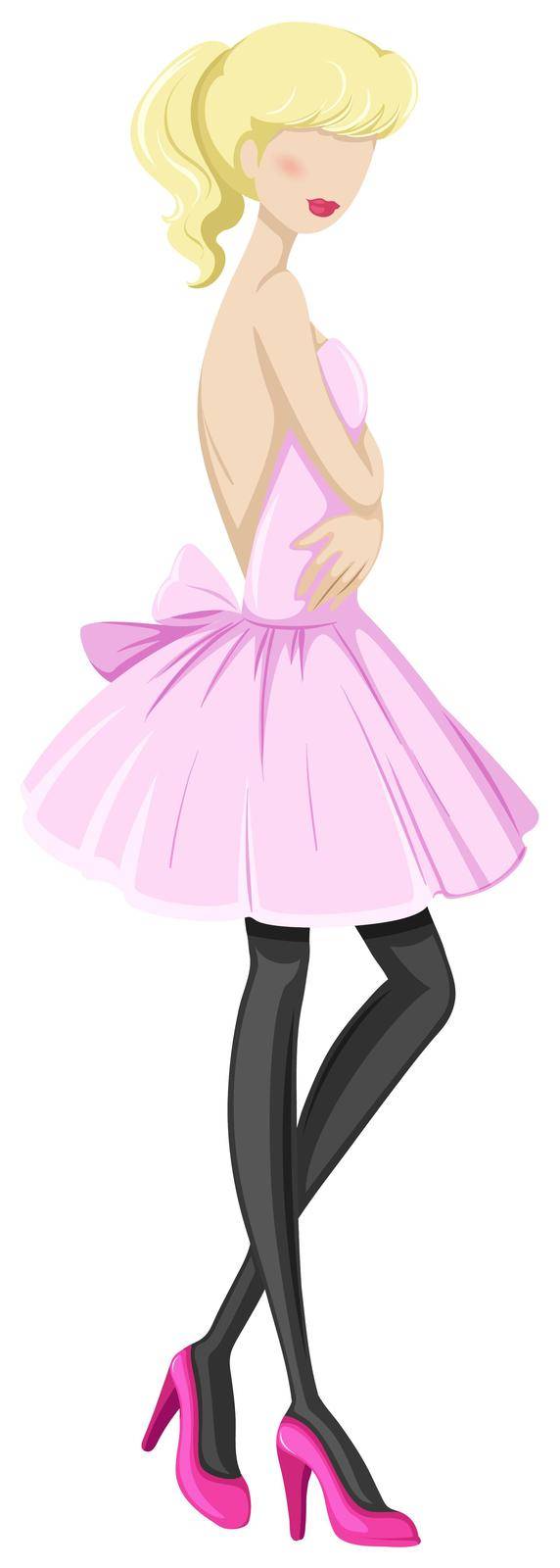 Sketch of a woman win pink backless dress and black stockings
