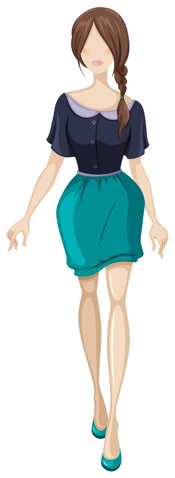 Sketch of a woman in dark blue top and aqua blue skirt