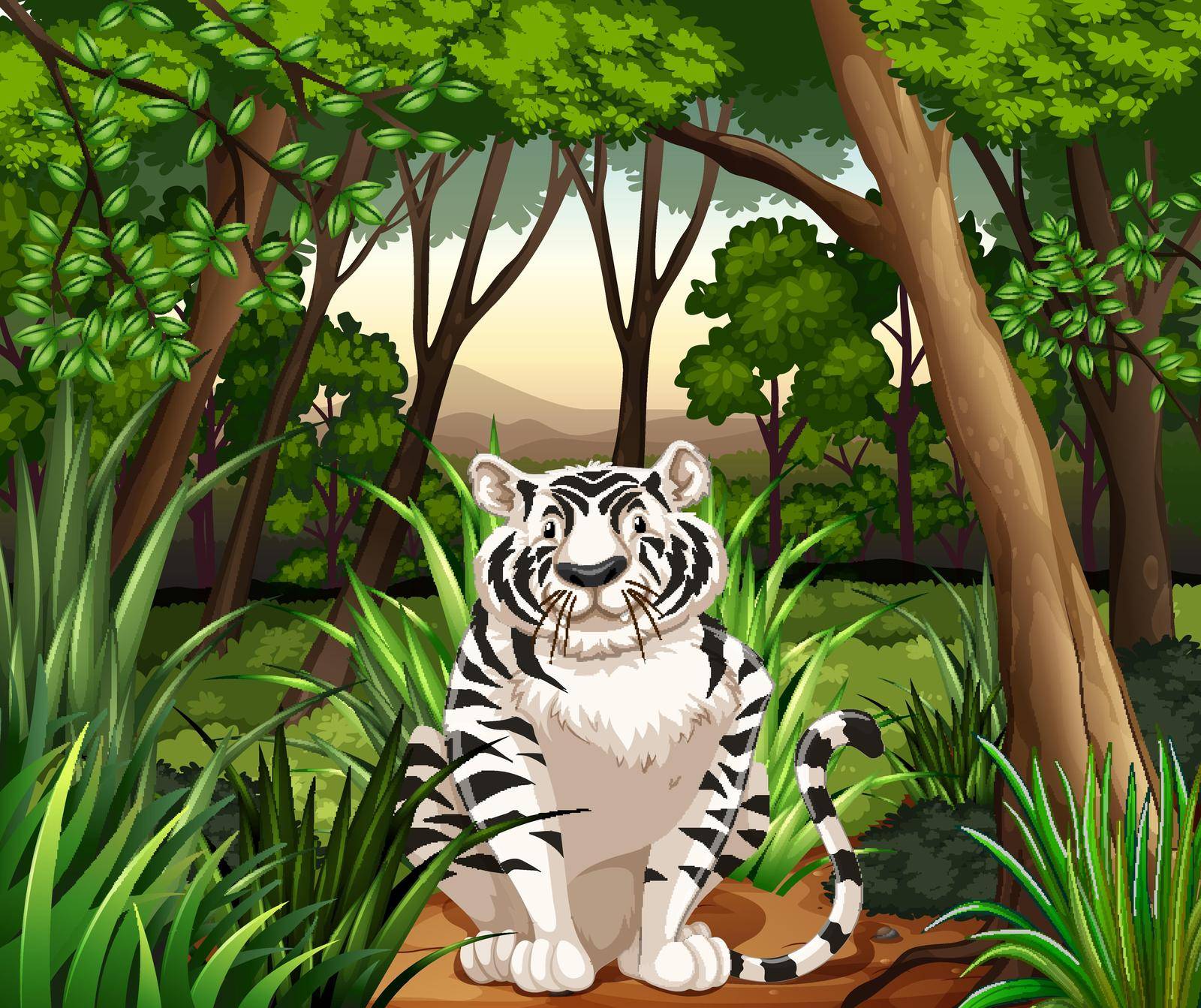 White tiger sitting in the middle of a jungle