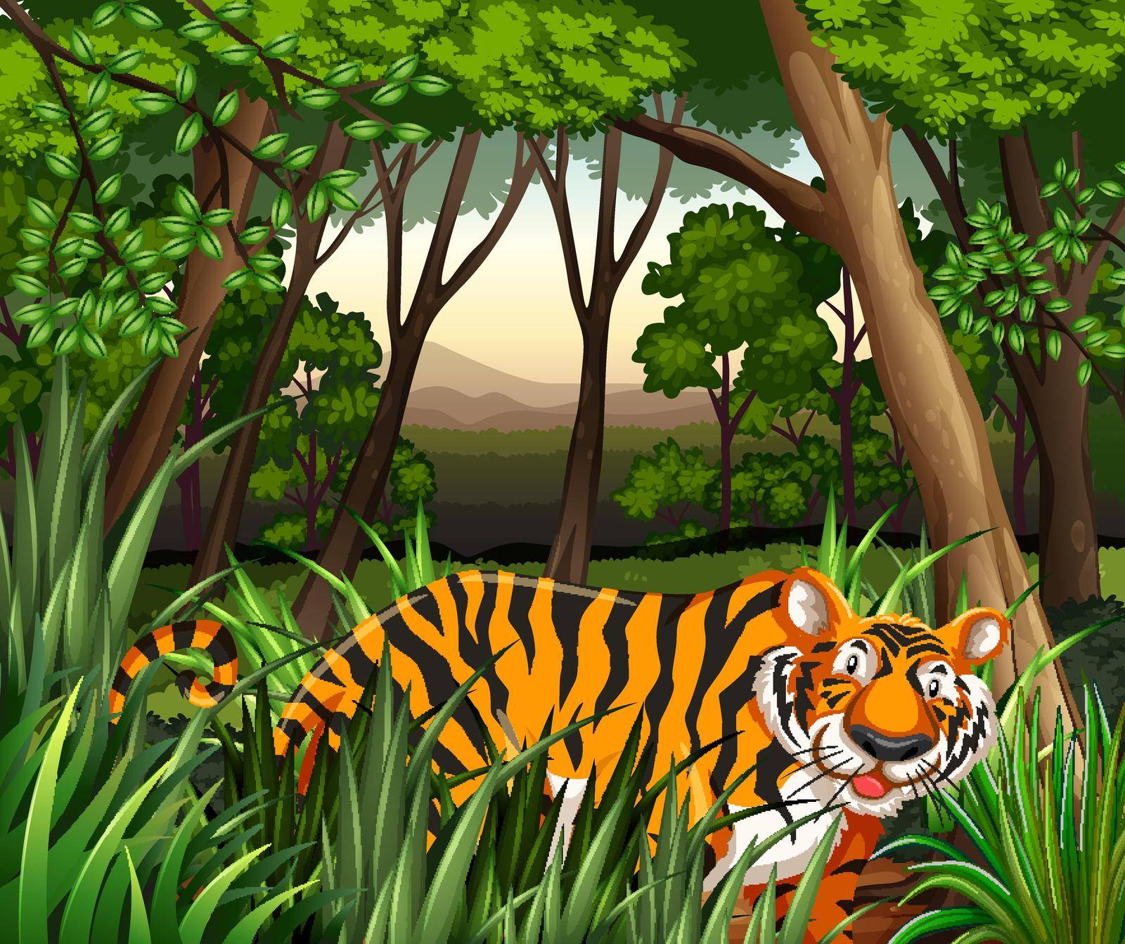 Scenery of a tiger walking in a jungle